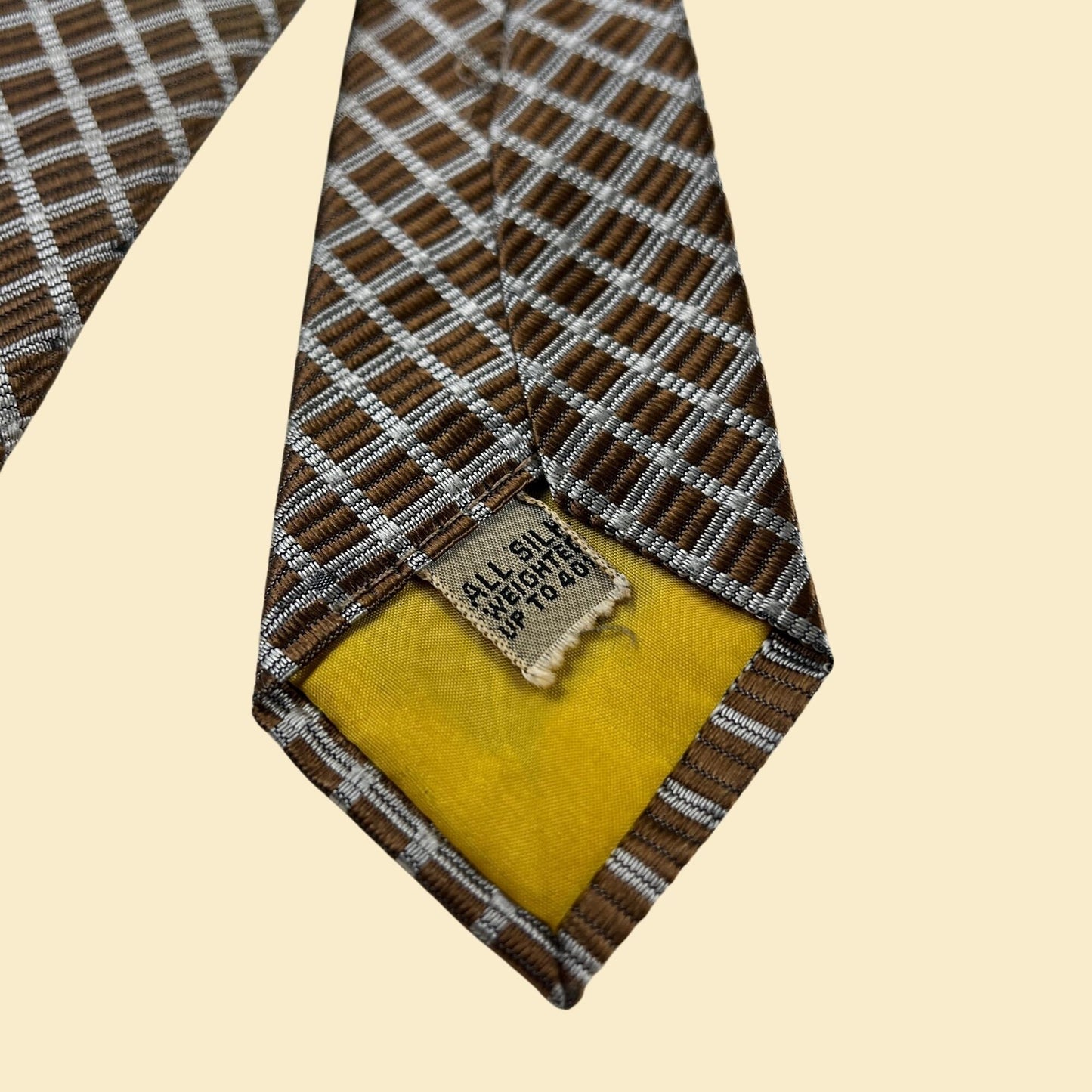 1970s copper necktie by The Custom Shop, vintage 70s grid patterned metallic copper & gold silk tie