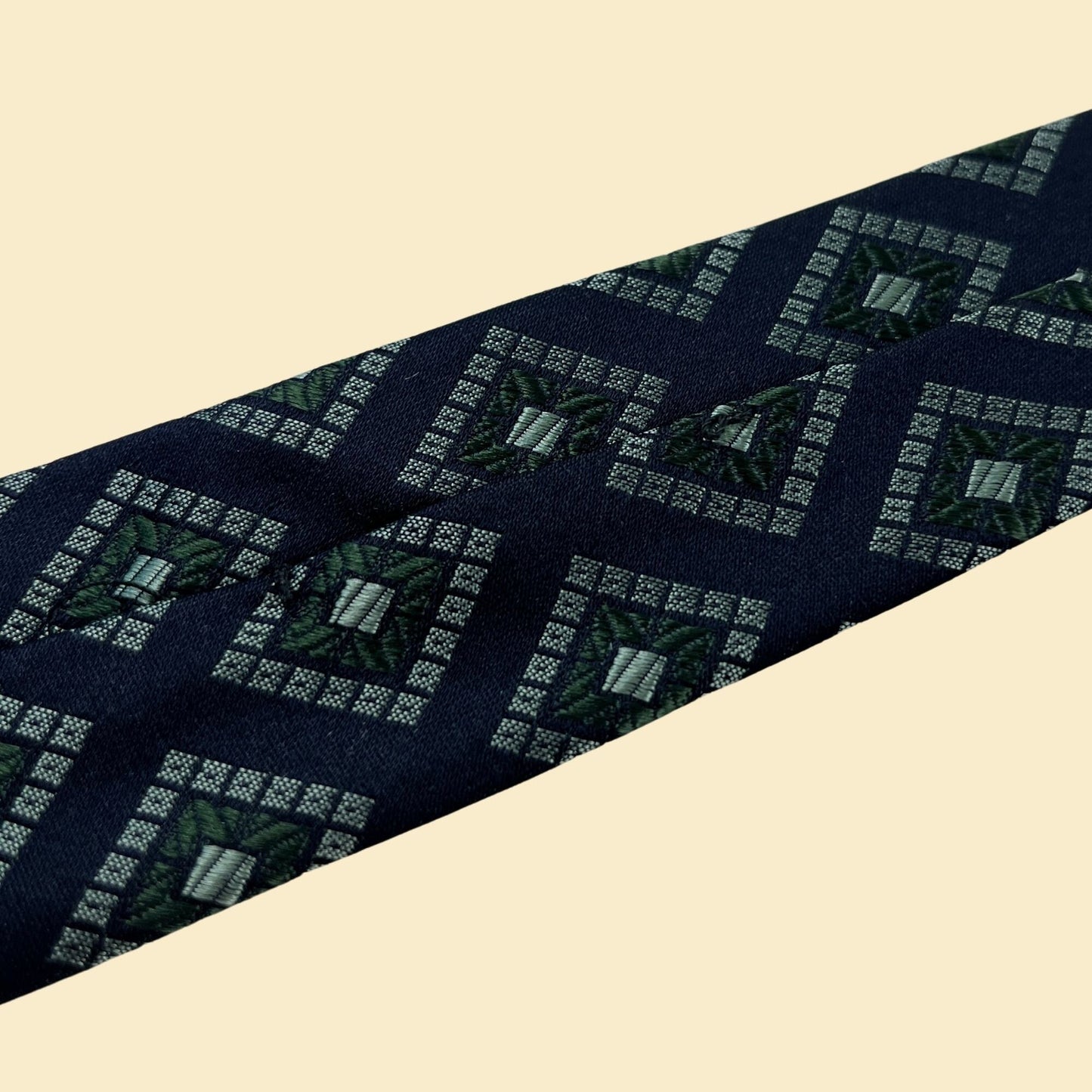 1970s diamond patterned necktie by Dunhill Tailors, vintage blue & green silk men's tie