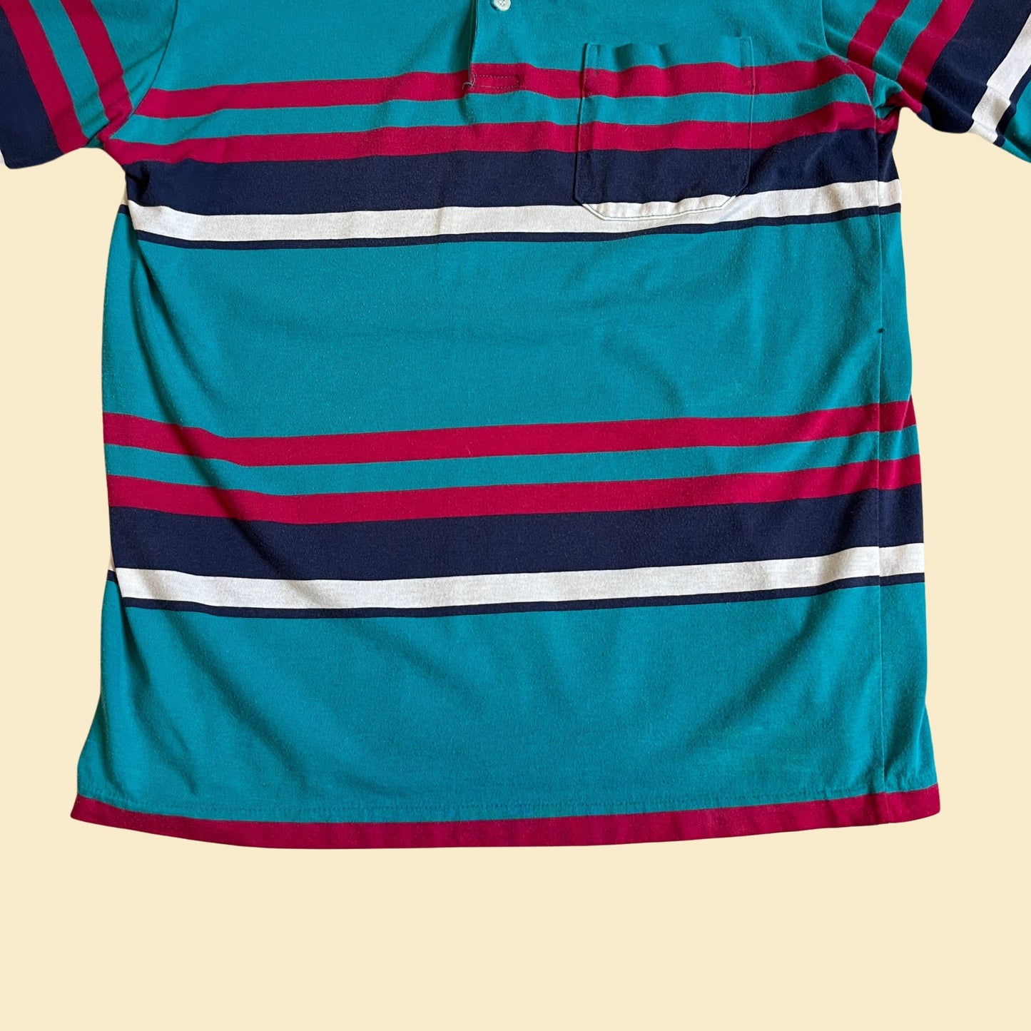 90s men's shirt by Knightsbridge, size small vintage 1990s teal & pink striped men's short sleeve polo