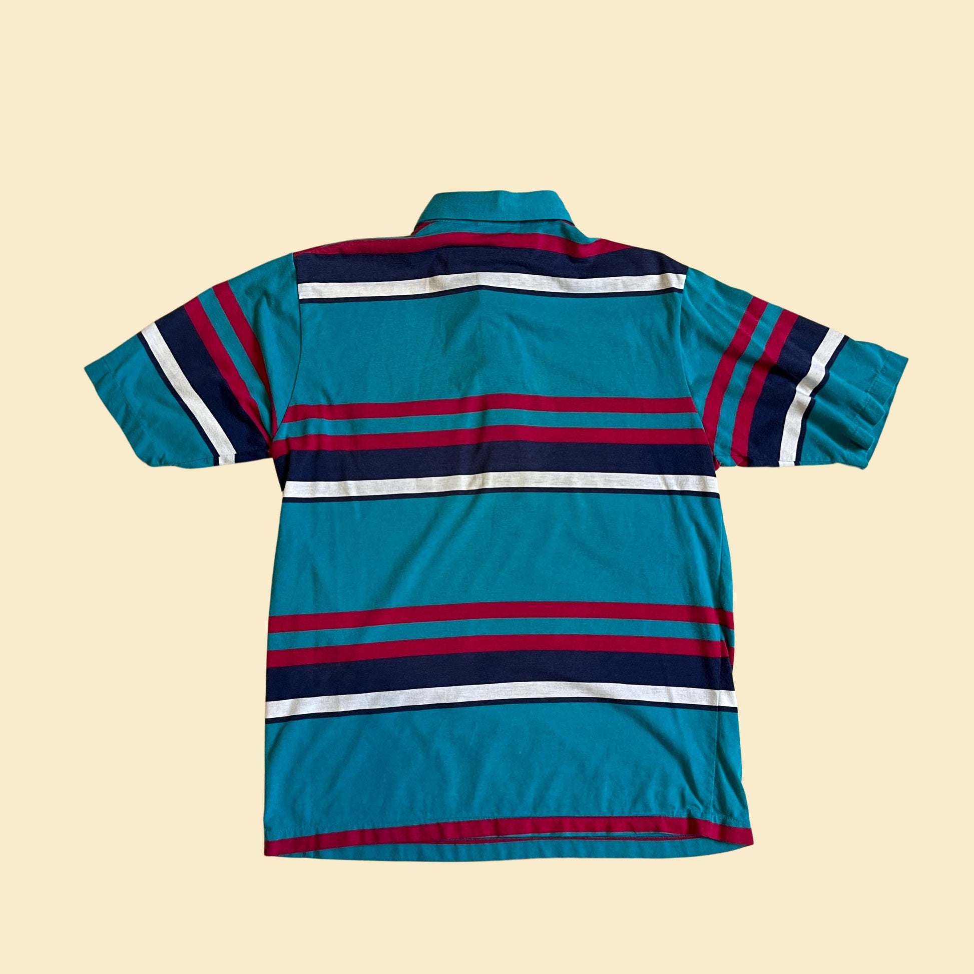 90s men's shirt by Knightsbridge, size small vintage 1990s teal & pink striped men's short sleeve polo