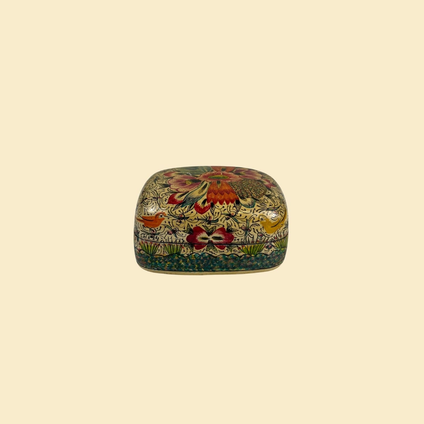 Vintage 1960s lacquer box, floral & bird patterned papier-mâché box, made in Kashmir India