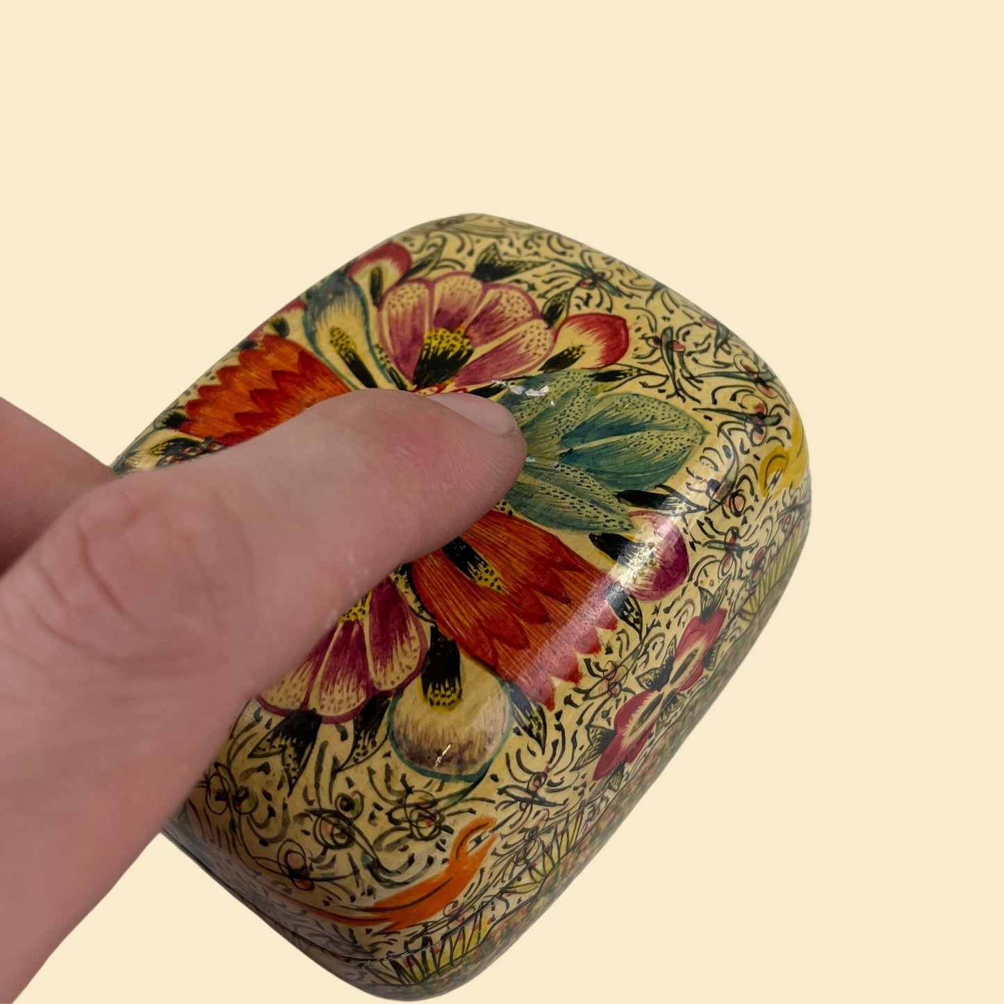 Vintage 1960s lacquer box, floral & bird patterned papier-mâché box, made in Kashmir India