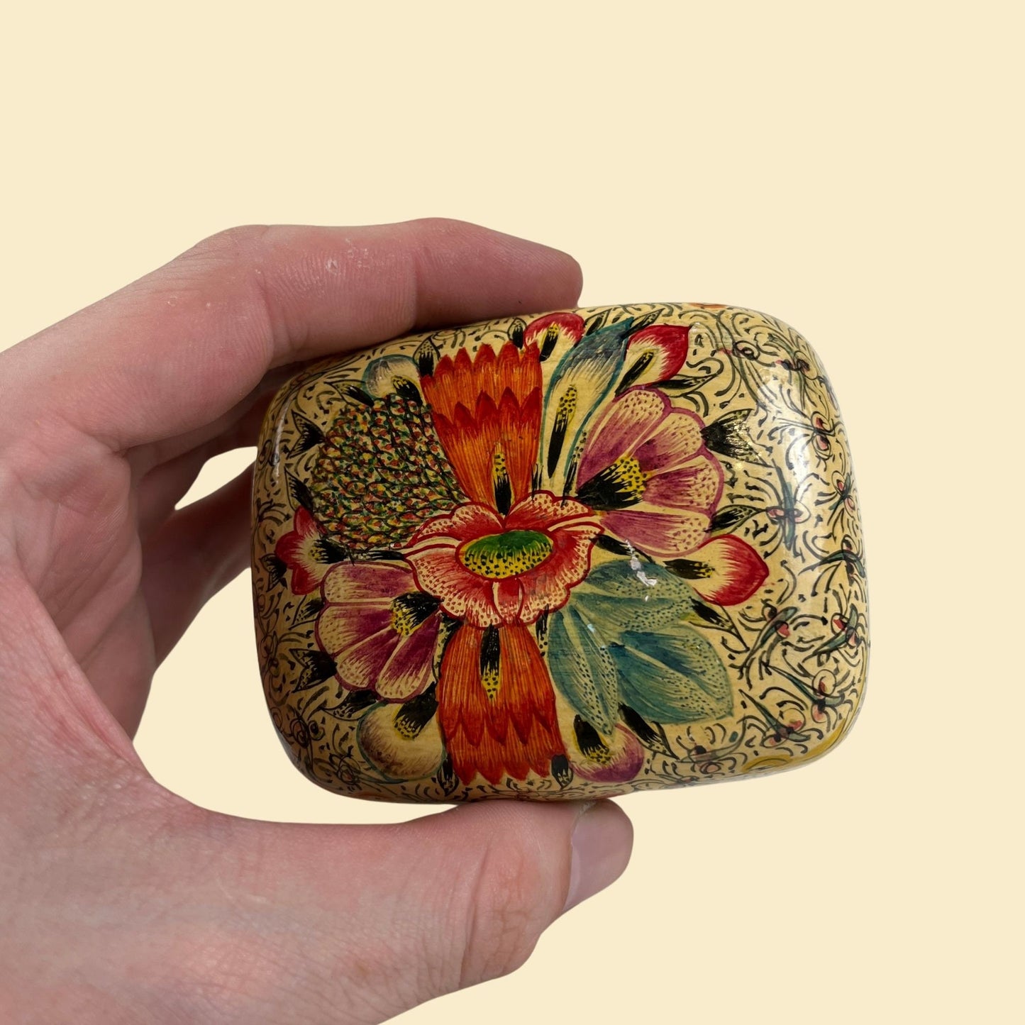 Vintage 1960s lacquer box, floral & bird patterned papier-mâché box, made in Kashmir India