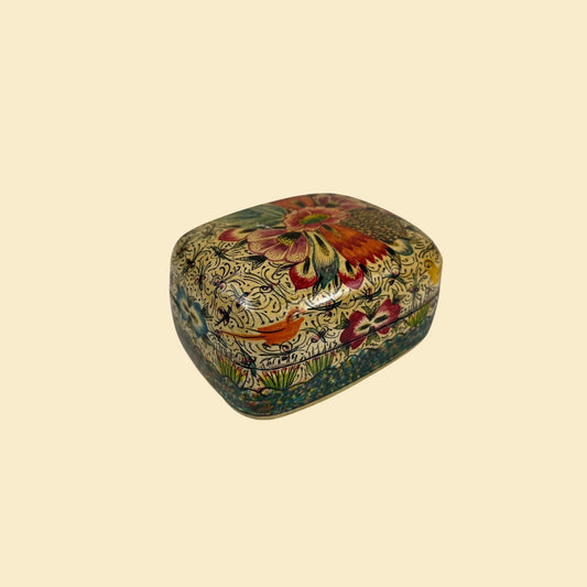 Vintage 1960s lacquer box, floral & bird patterned papier-mâché box, made in Kashmir India