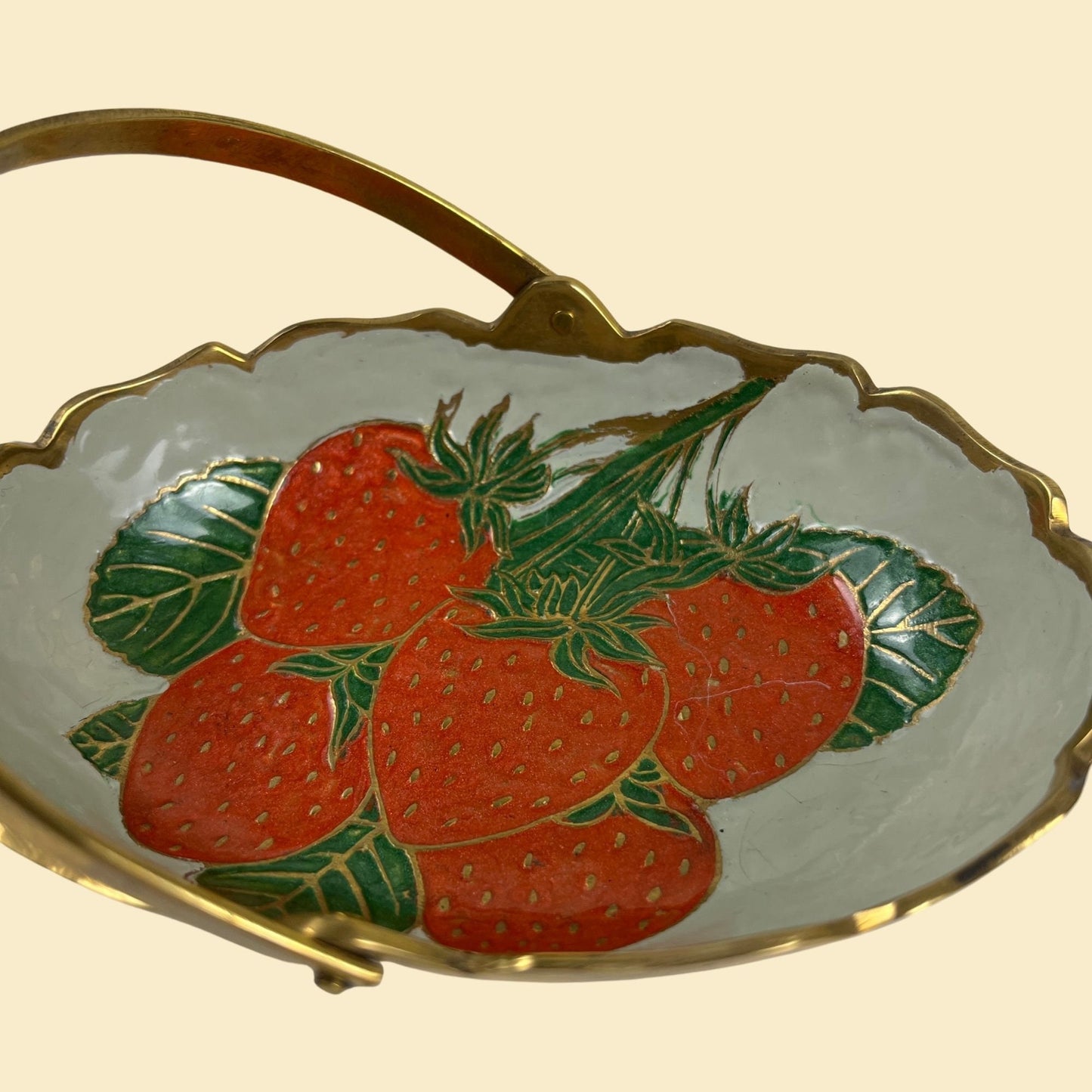 70s brass basket with strawberry designs, tiny 1970s brass basket, vintage metal basket