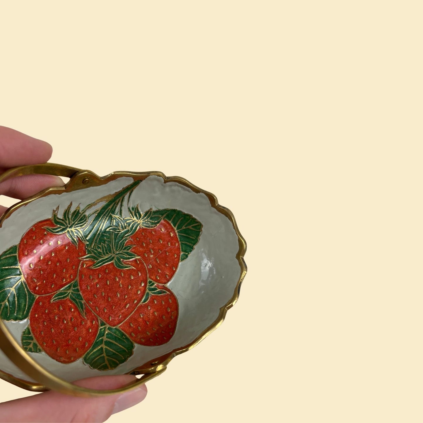 70s brass basket with strawberry designs, tiny 1970s brass basket, vintage metal basket