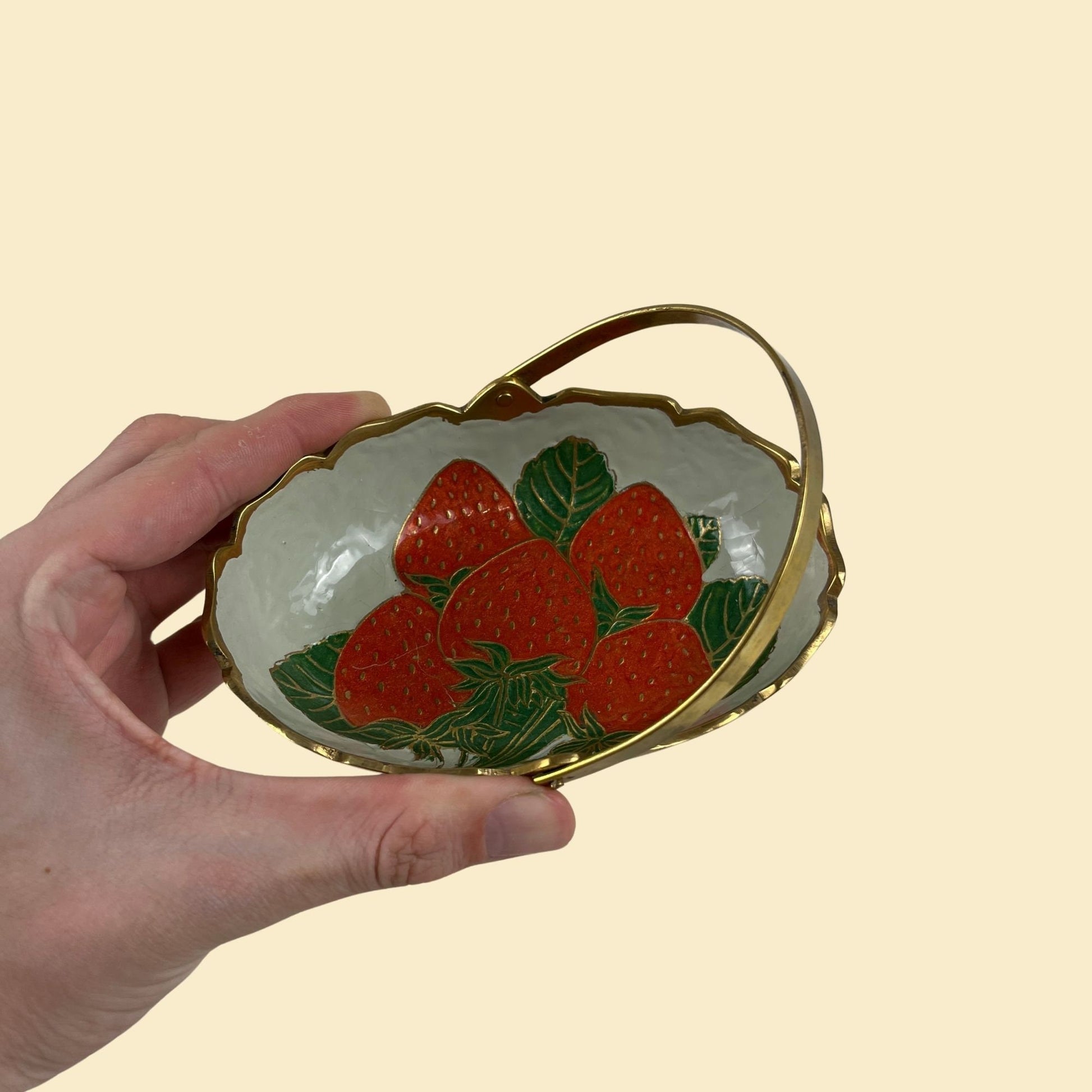 70s brass basket with strawberry designs, tiny 1970s brass basket, vintage metal basket