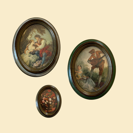 Vintage Italian florentine frame set, set of 1960s oval shaped frames w/ Victorian style prints, 3 piece gallery wall set