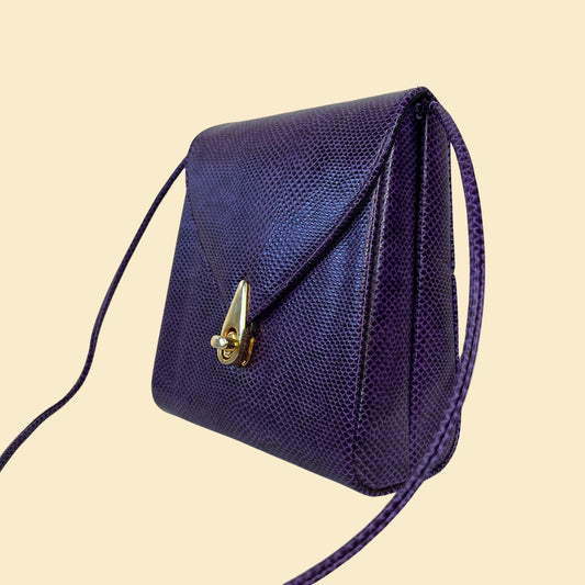 Vintage 70s/80s purple shoulder bag, Andé structured triangle shaped clutch w/ shoulder strap