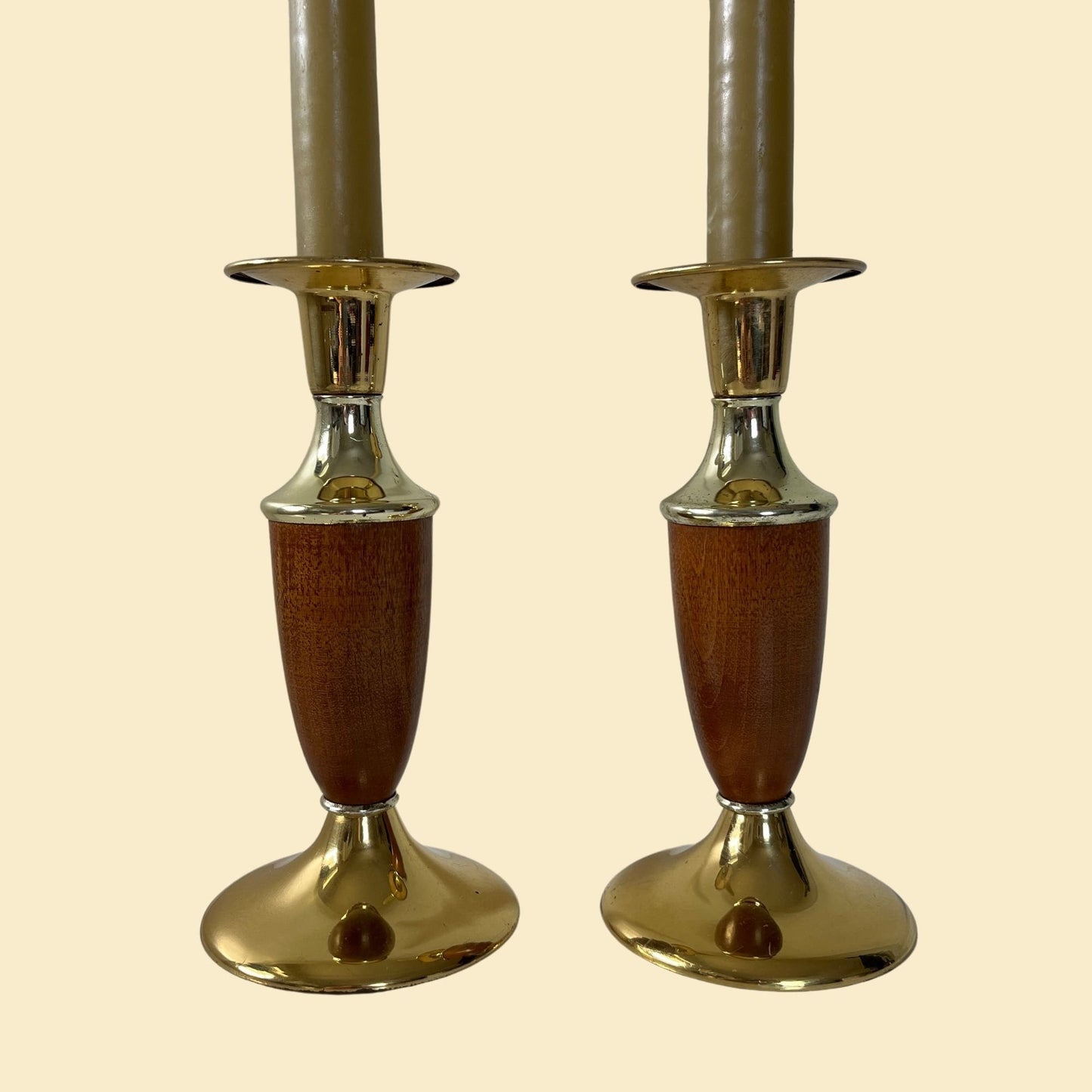 1970s brass/wood candlestick holders, set of 2 vintage 70s taper candle holders