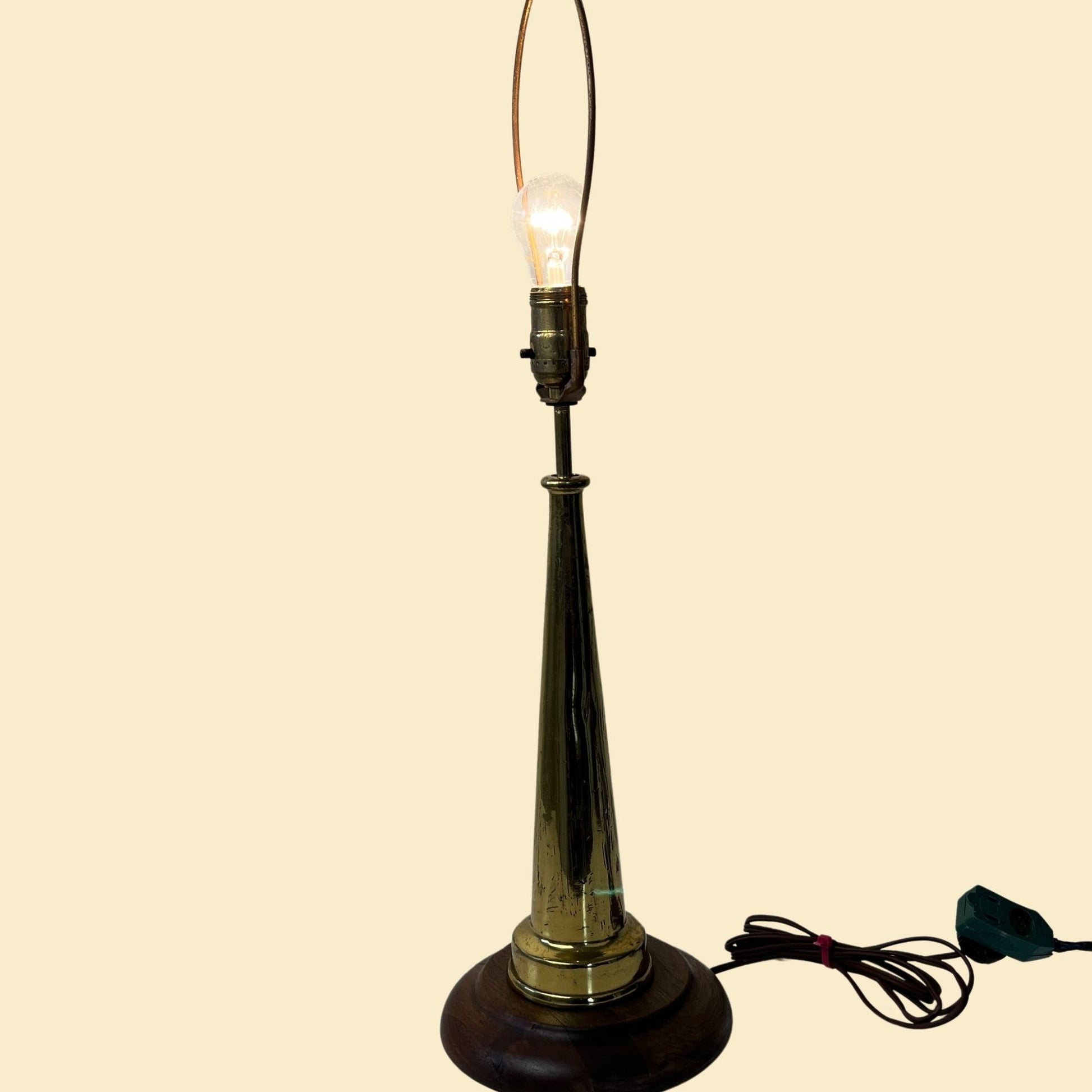 1970s wood & brass lamp, vintage 70s cone-shaped 25 inch tabletop lamp