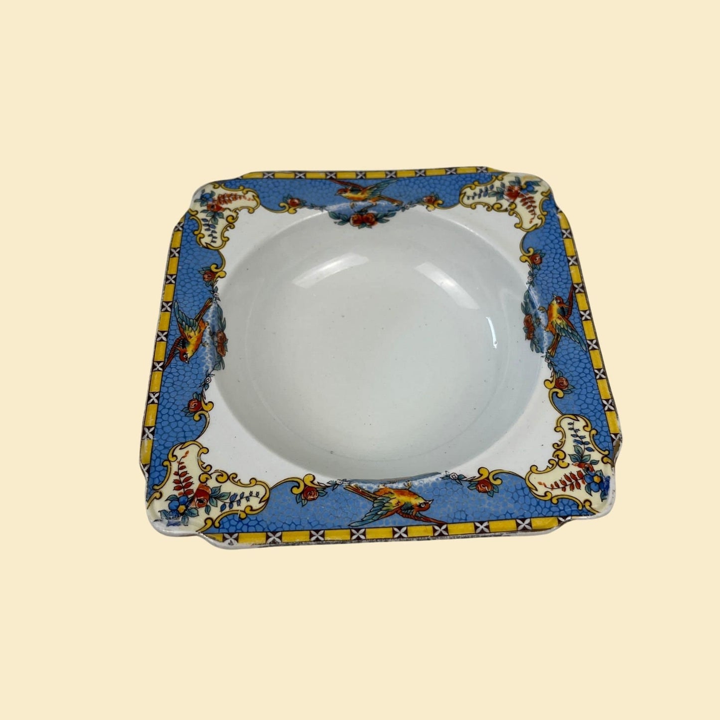 1930s ceramic Burgess Ware plate, blue & yellow bird patterned vintage plate