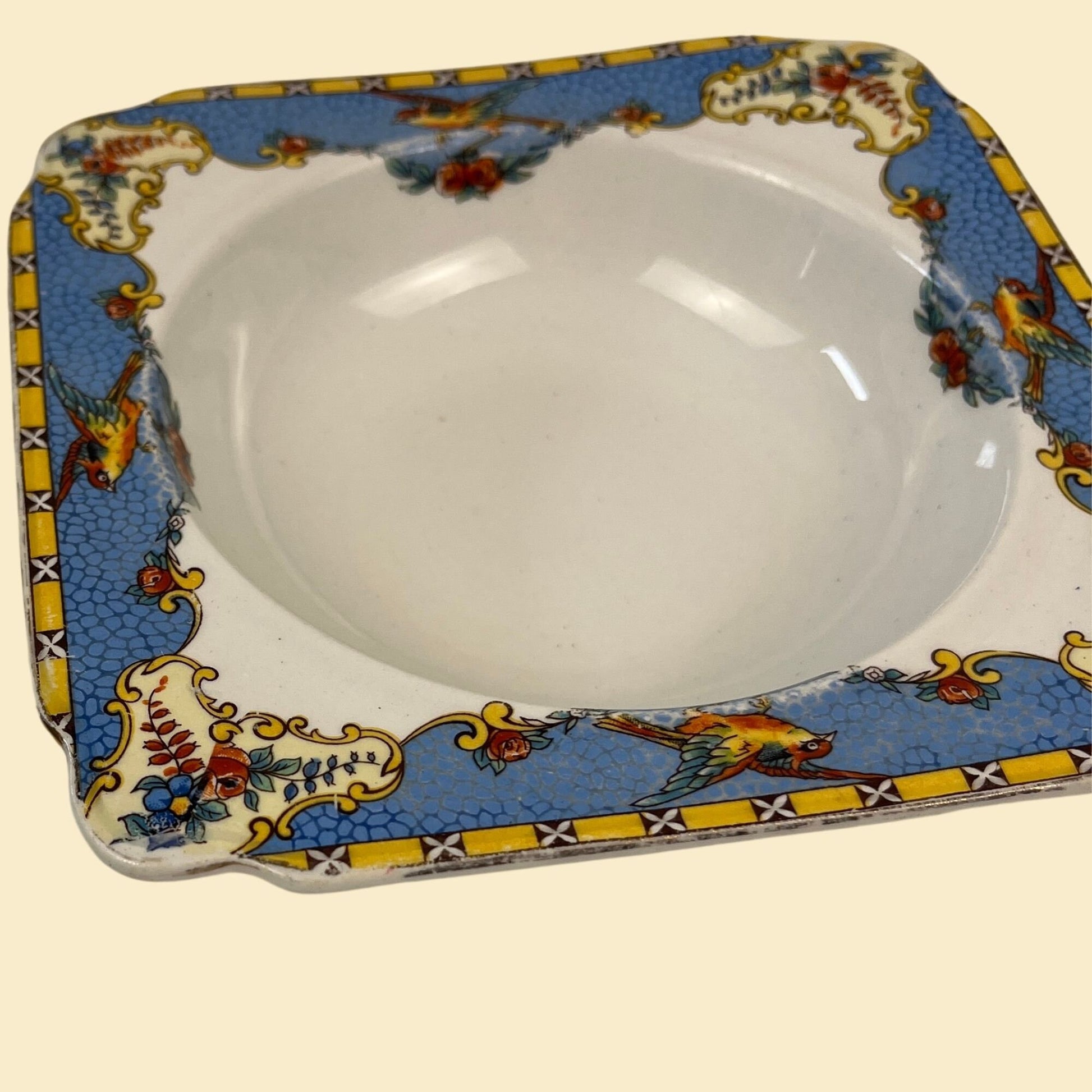 1930s ceramic Burgess Ware plate, blue & yellow bird patterned vintage plate