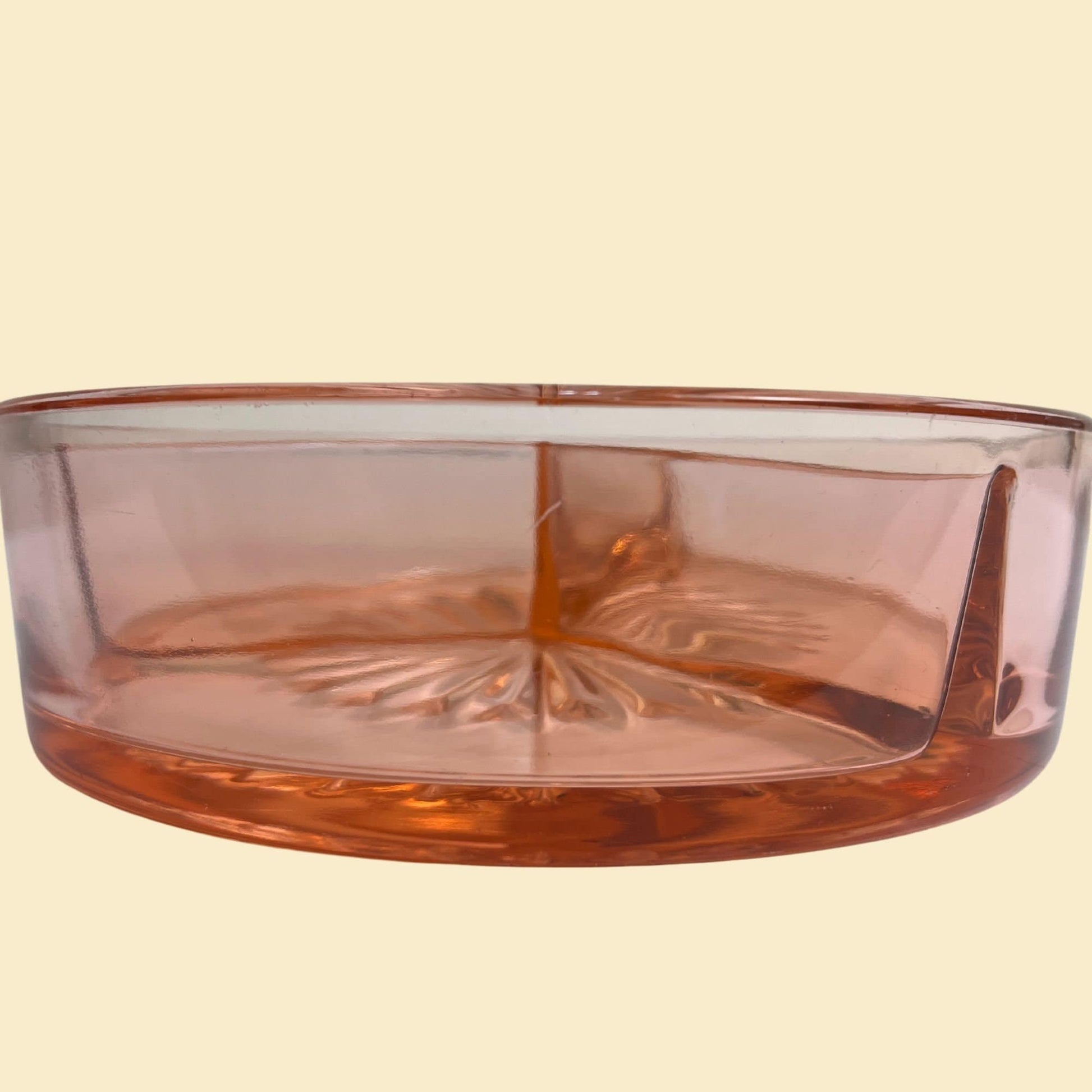 1930s pink depression glass dish, vintage divided 3-way nut/candy dish