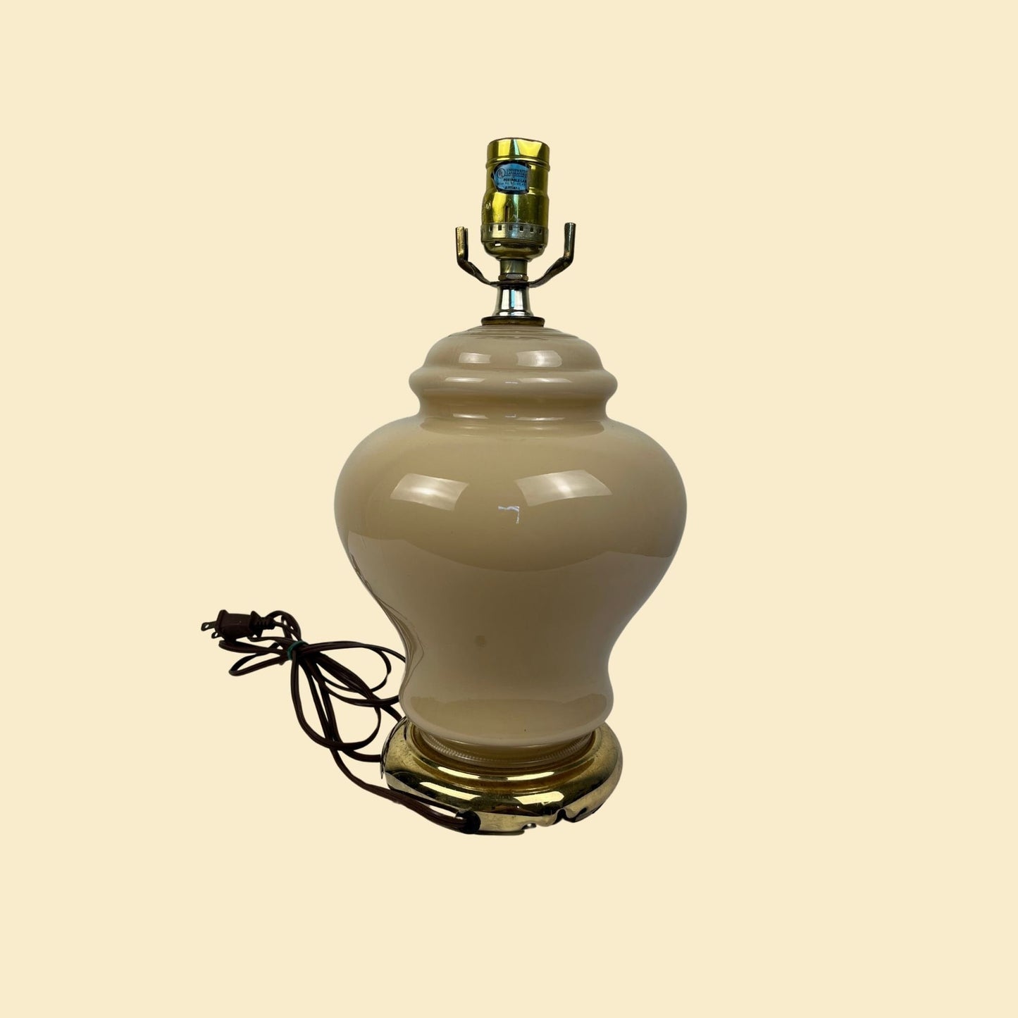 1980s ginger jar table lamp, vintage 80s cream colored glass & brass 13" tall lamp