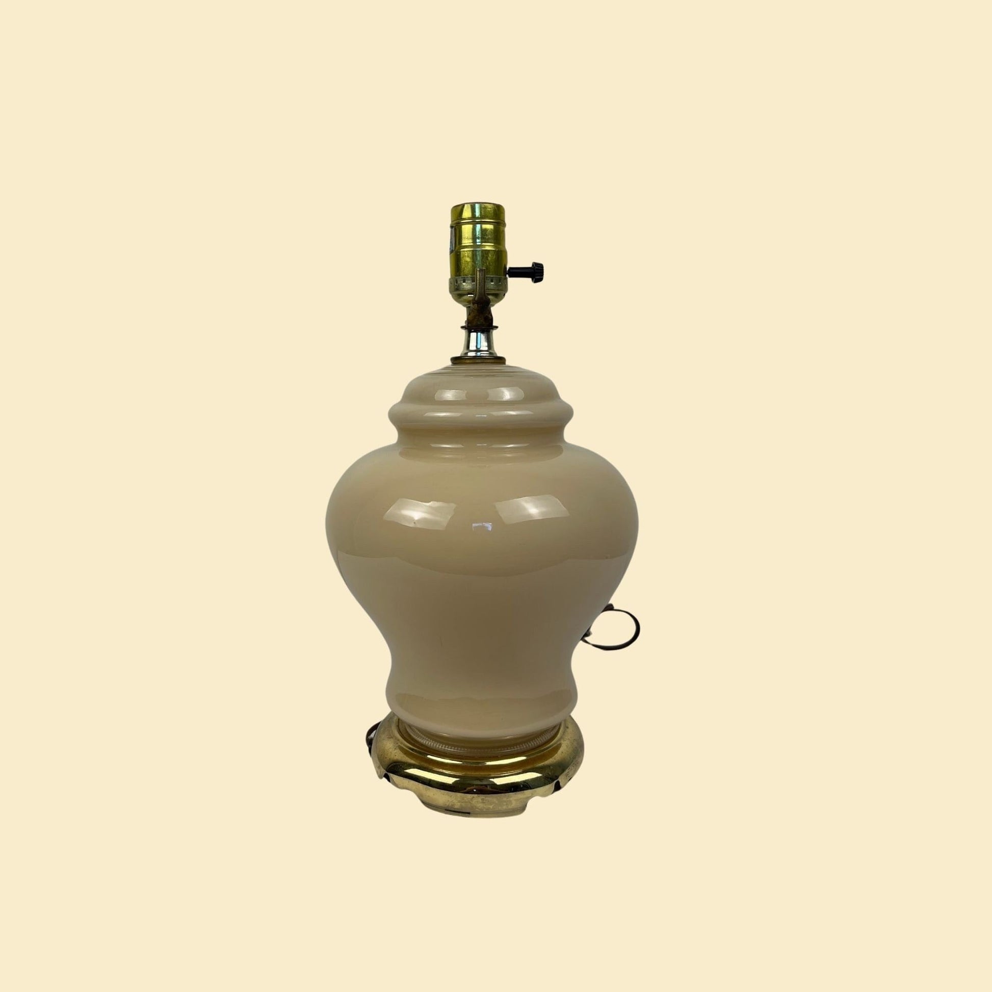 1980s ginger jar table lamp, vintage 80s cream colored glass & brass 13" tall lamp