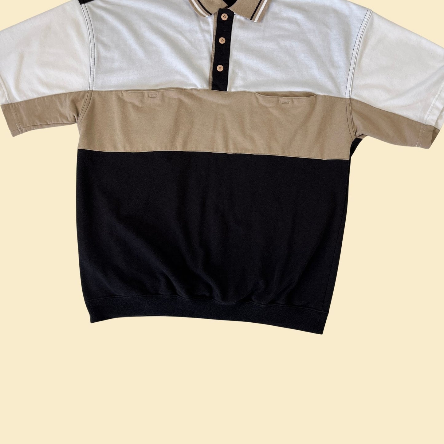 90s men's polo shirt, size L vintage color block black & beige golf shirt