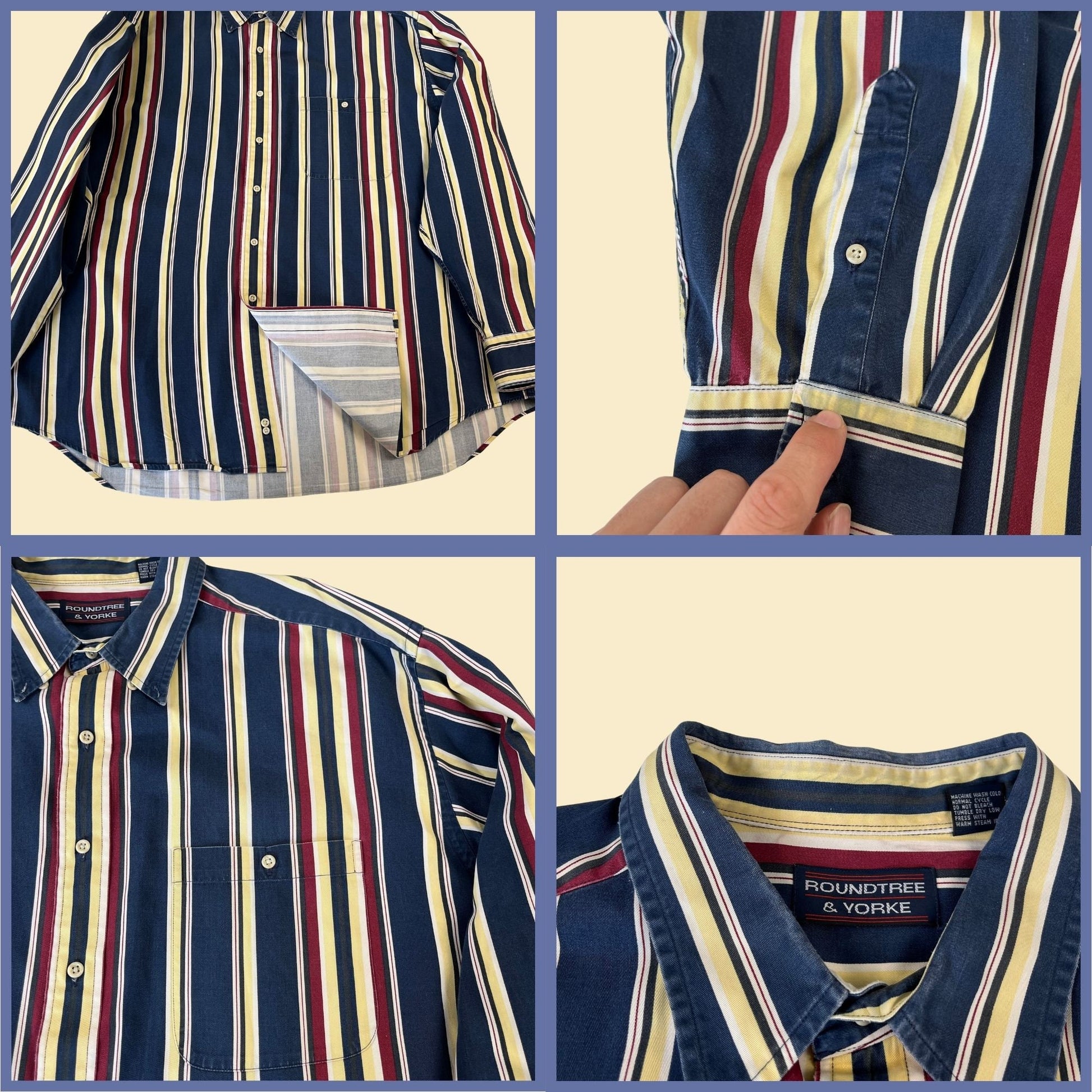 90s men's striped shirt, vintage XL long sleeve blue & yellow men's shirt by Roundtree and Yorke