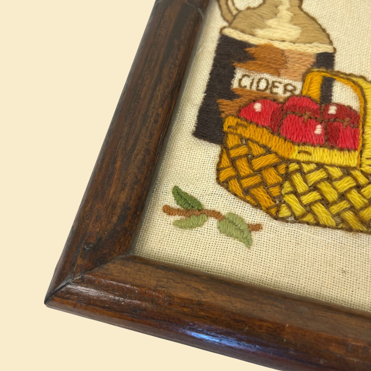 Set of vintage crewel art frames w/ apples & spices, 1970s farmhouse gallery wall art, 70s crewel embroidery art