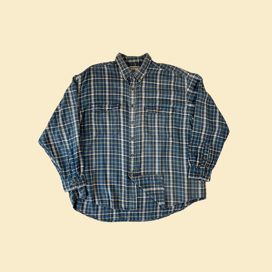 90s XL blue flannel shirt by High Sierra, vintage 1990s plaid blue & yellow long sleeve casual button down