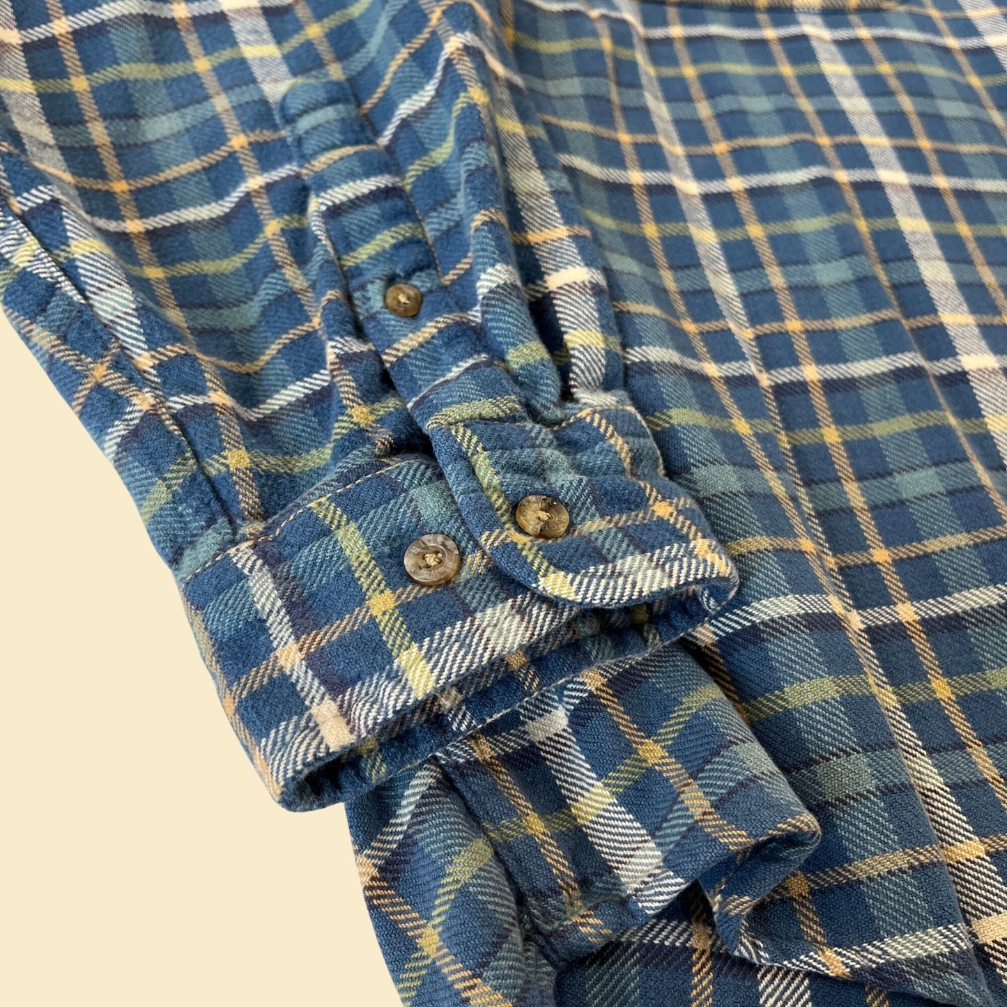 90s XL blue flannel shirt by High Sierra, vintage 1990s plaid blue & yellow long sleeve casual button down