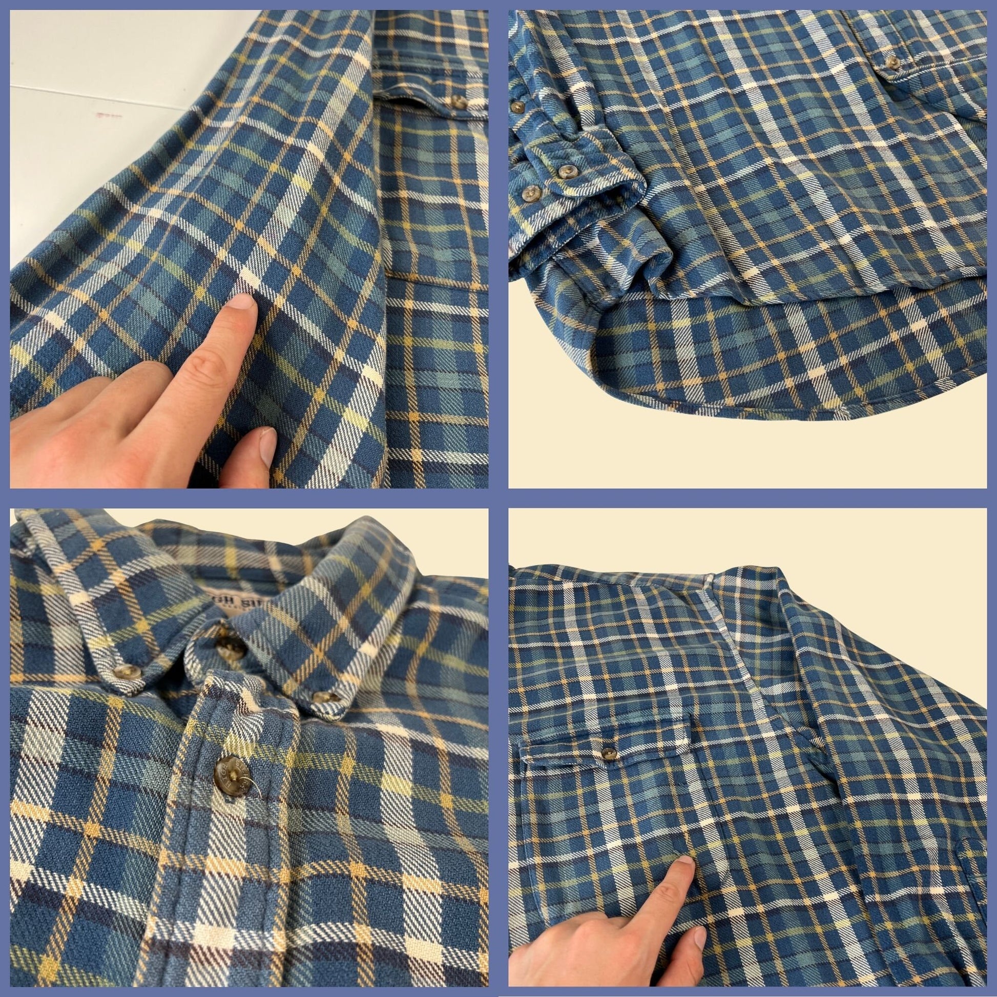 90s XL blue flannel shirt by High Sierra, vintage 1990s plaid blue & yellow long sleeve casual button down