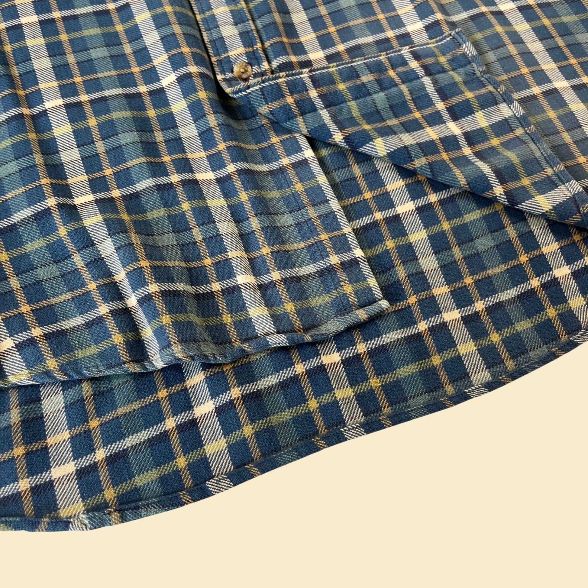 90s XL blue flannel shirt by High Sierra, vintage 1990s plaid blue & yellow long sleeve casual button down