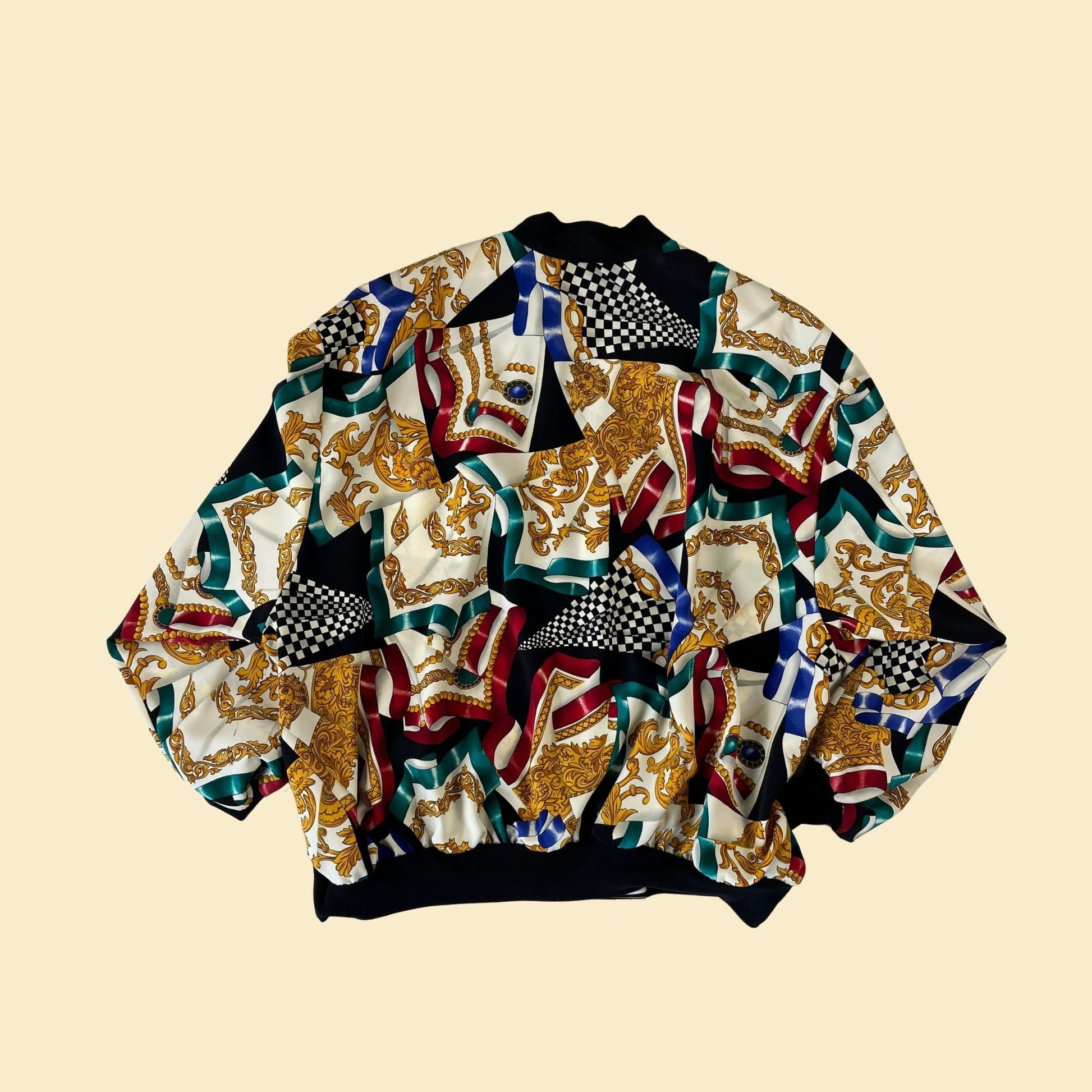 80s L baroque windbreaker by Cascais of California, vintage zip up gold & jewel-toned bomber jacket w/ shoulder pads