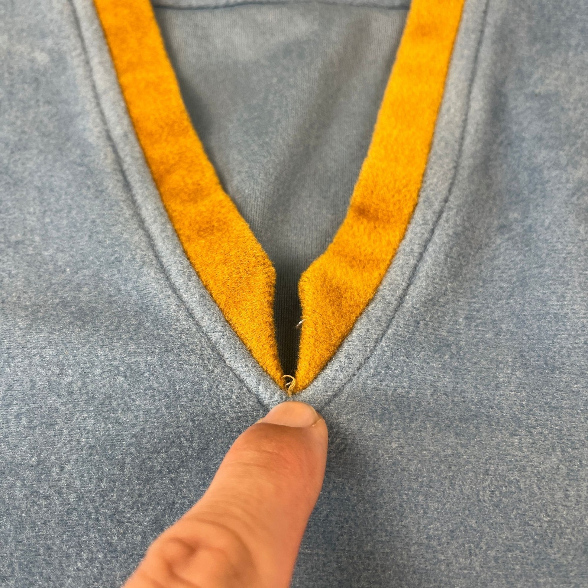 1960s blue & yellow v-neck men's shirt, vintage short sleeve velour/terry-cloth 60s t-shirt