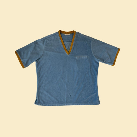 1960s blue & yellow v-neck men's shirt, vintage short sleeve velour/terry-cloth 60s t-shirt