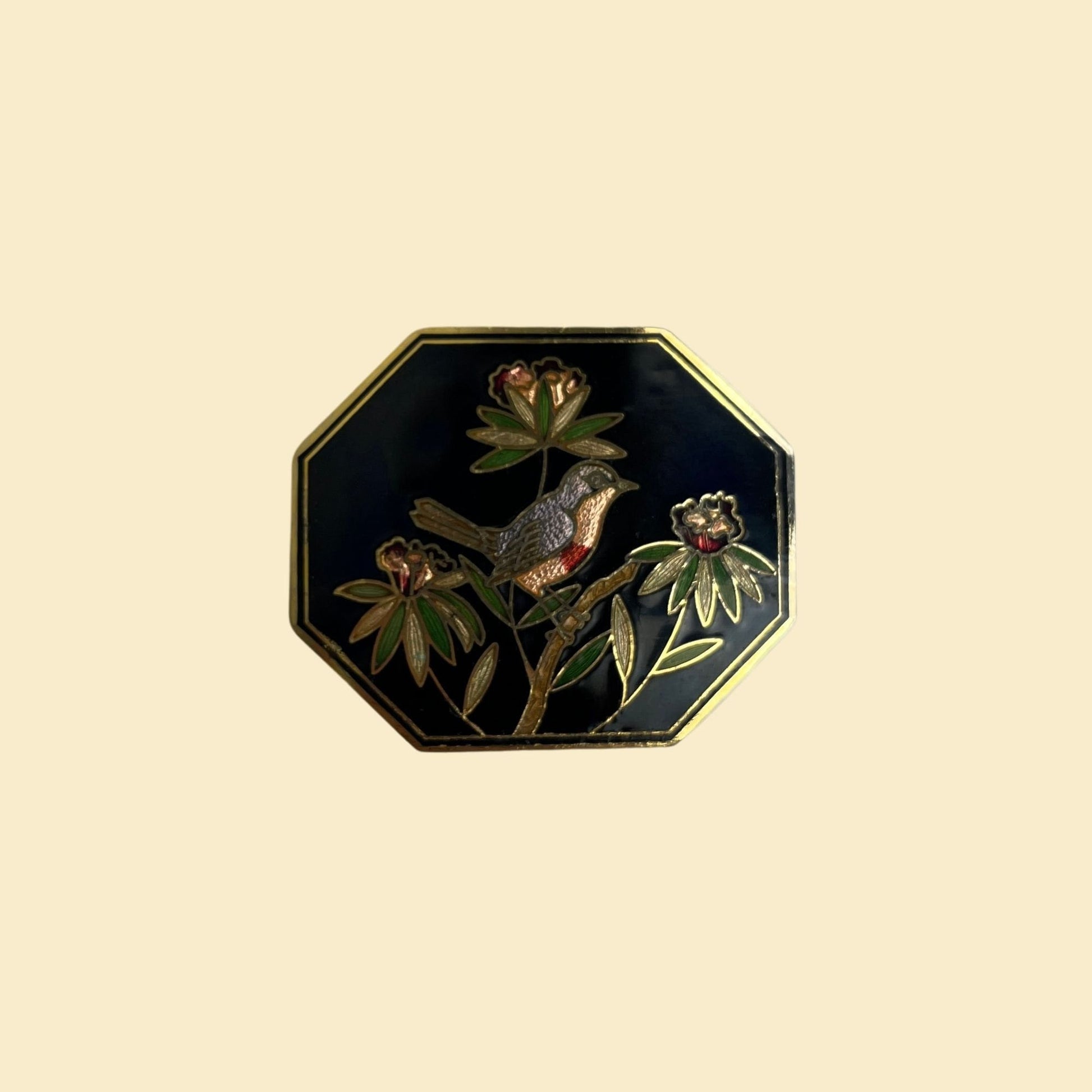 1980s cloisonné belt buckle, vintage octagon bird & flower belt buckle