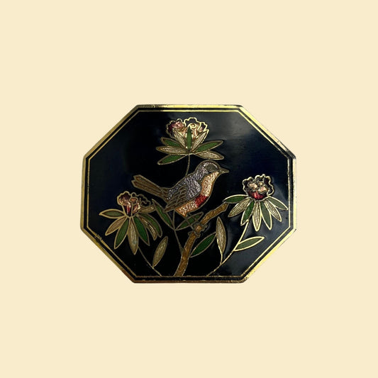 1980s cloisonné belt buckle, vintage octagon bird & flower belt buckle