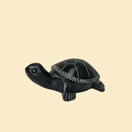 1980s turtle sculpture, vintage folk art turtle statue, 80s black basalt turtle figurine