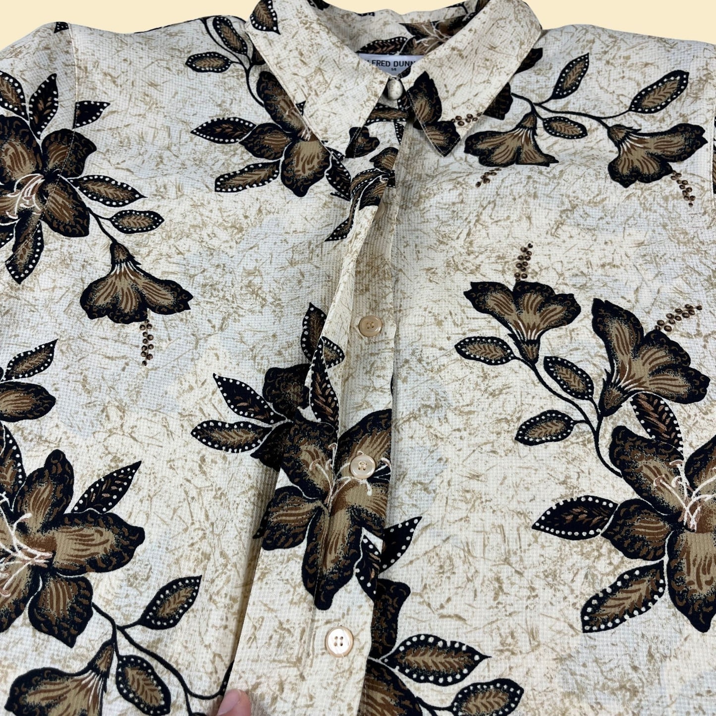 Vintage 90s blouse, size 14 beige & brown floral blouse, 1990s button down short sleeve shirt by Alfred Dunner