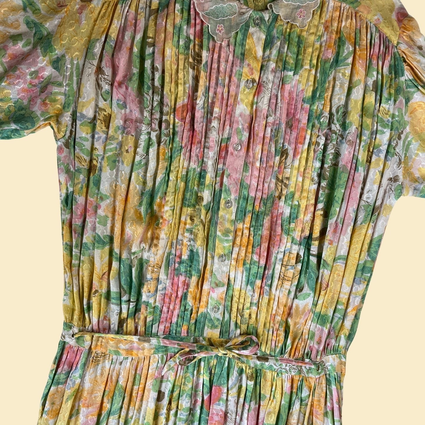 1970s Phool pleated floral dress, size M vintage 70s pink, yellow and green short sleeve pastel midi to maxi dress, India made