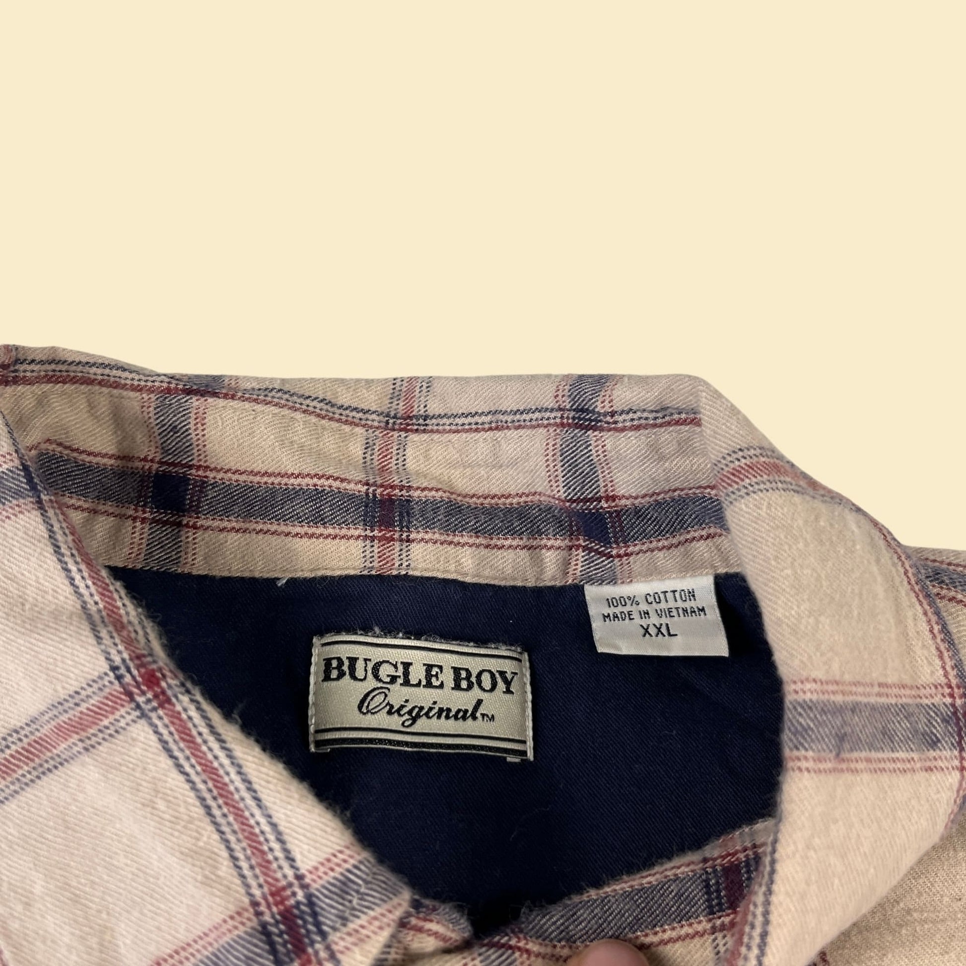 Vintage 90s flannel by Bugle Boy Original, size XXL beige, blue and burgundy long sleeve button down shirt