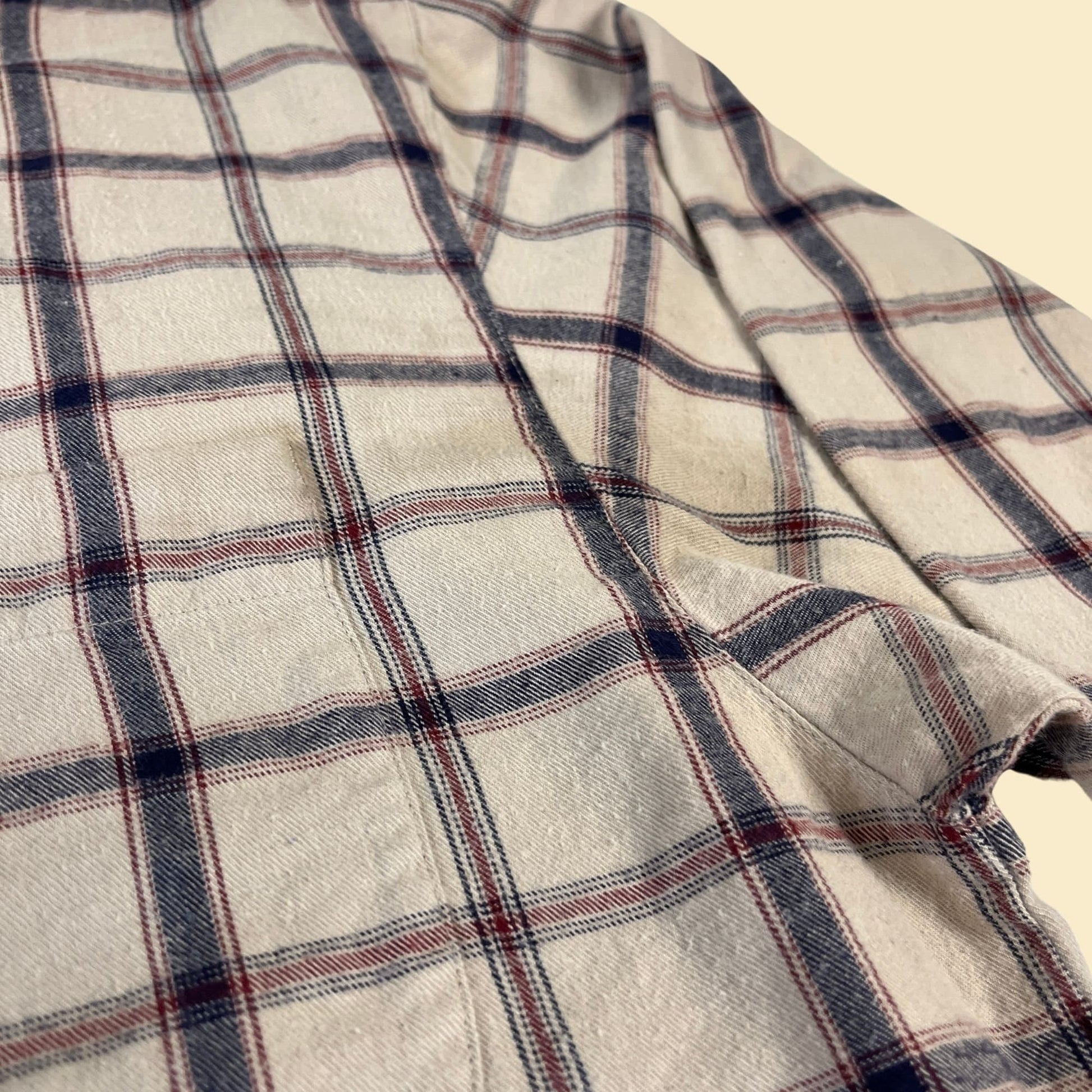 Vintage 90s flannel by Bugle Boy Original, size XXL beige, blue and burgundy long sleeve button down shirt