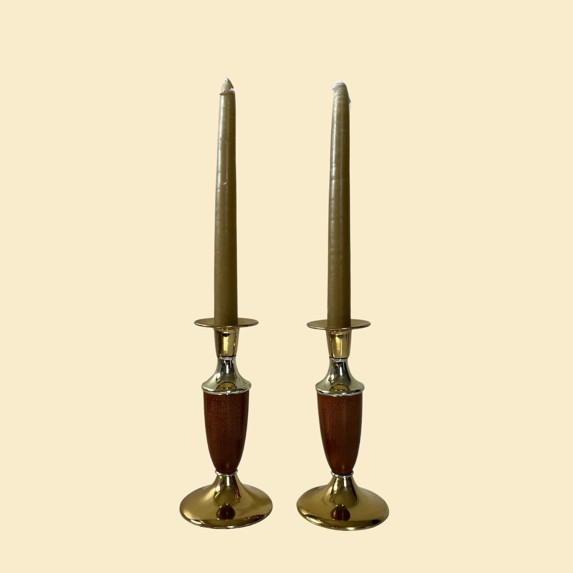 1970s brass/wood candlestick holders, set of 2 vintage 70s taper candle holders