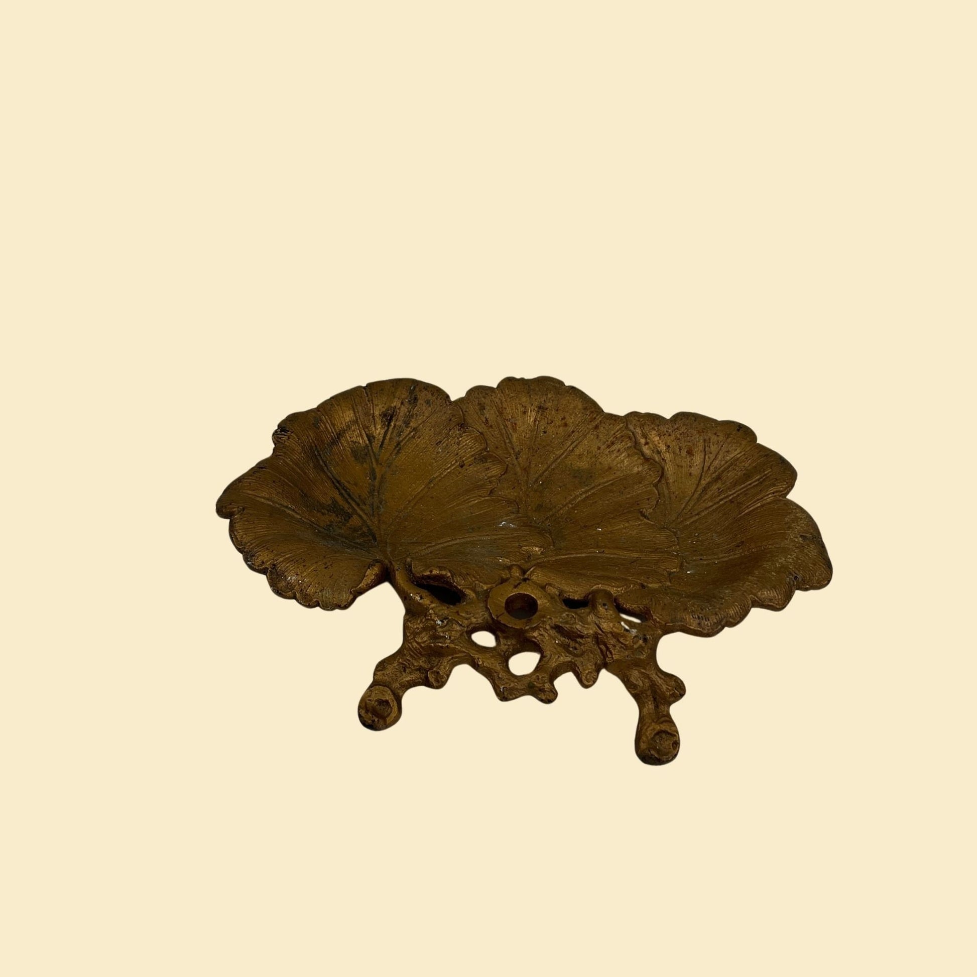 Vintage leaf-shaped cast metal tray, gold-toned cast-iron filigree leaf shaped catch all plate