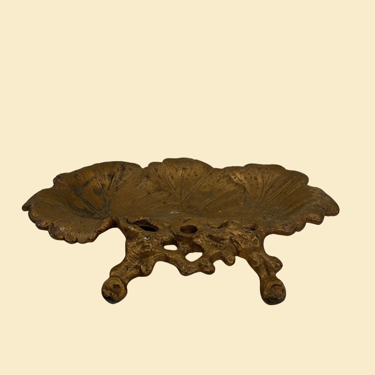 Vintage leaf-shaped cast metal tray, gold-toned cast-iron filigree leaf shaped catch all plate