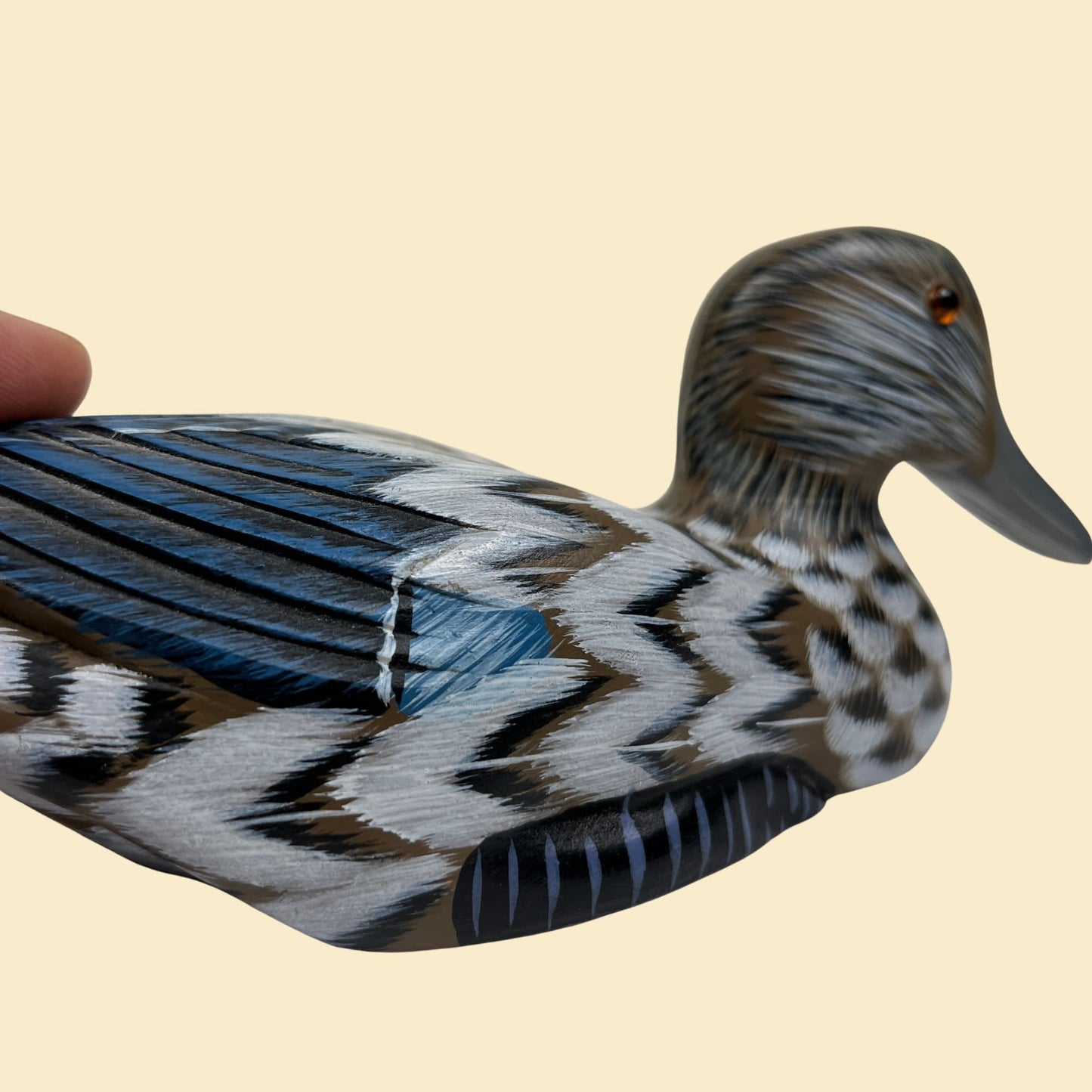 Vintage 90s wooden duck sculpture, 1990s hand painted blue & grey duck statue