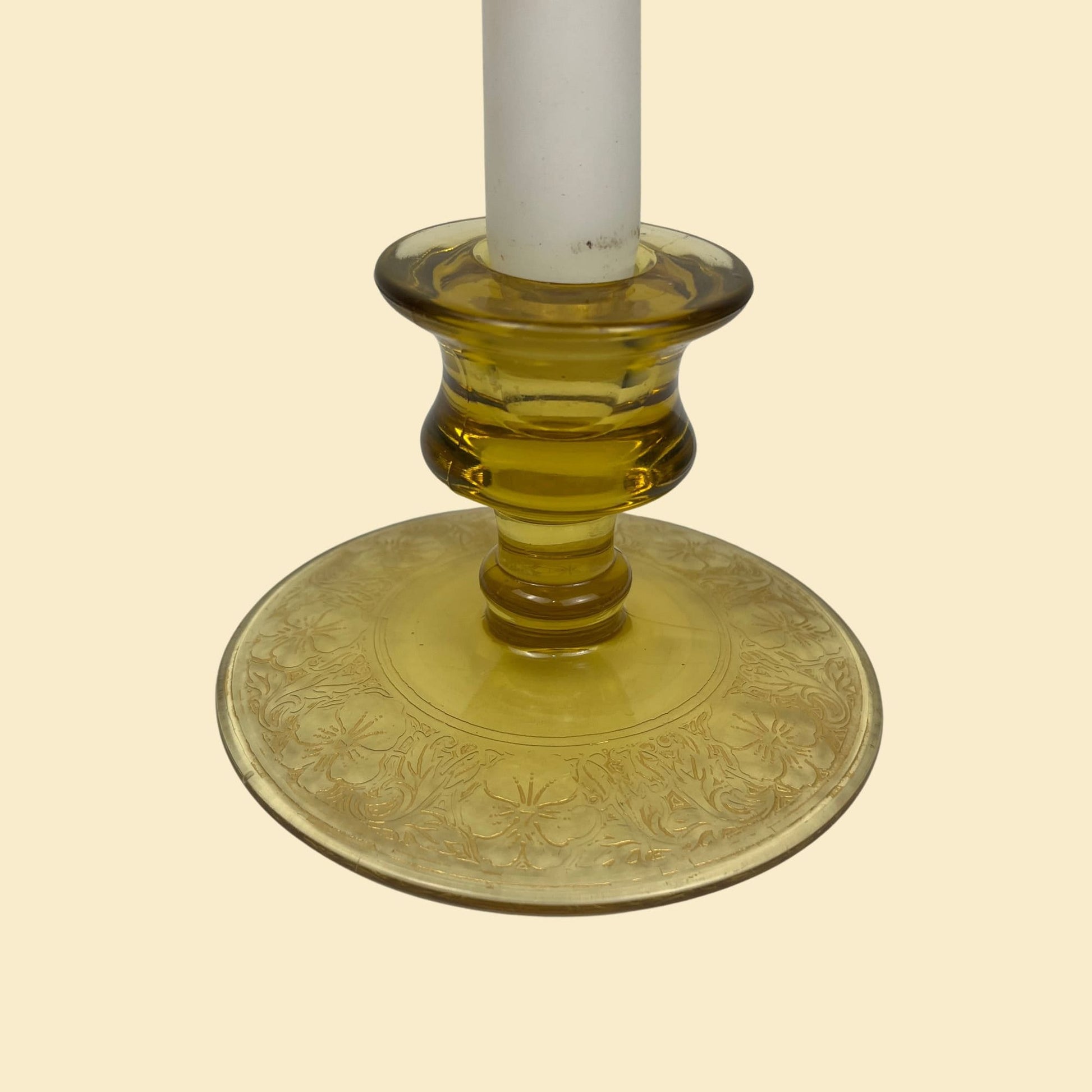 1940s yellow candlestick holder, vintage amber-yellow & gold flower taper candle holder