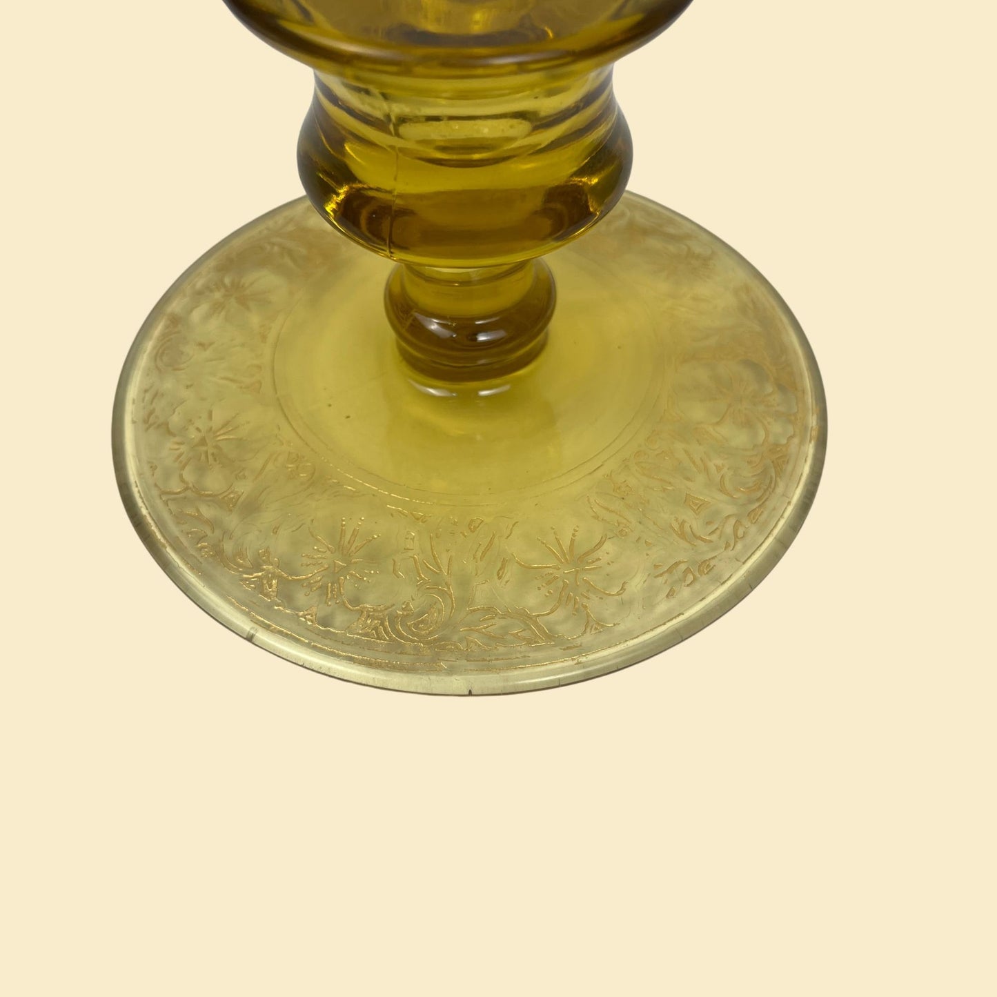 1940s yellow candlestick holder, vintage amber-yellow & gold flower taper candle holder