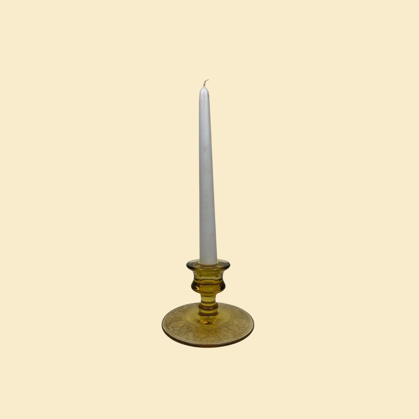 1940s yellow candlestick holder, vintage amber-yellow & gold flower taper candle holder