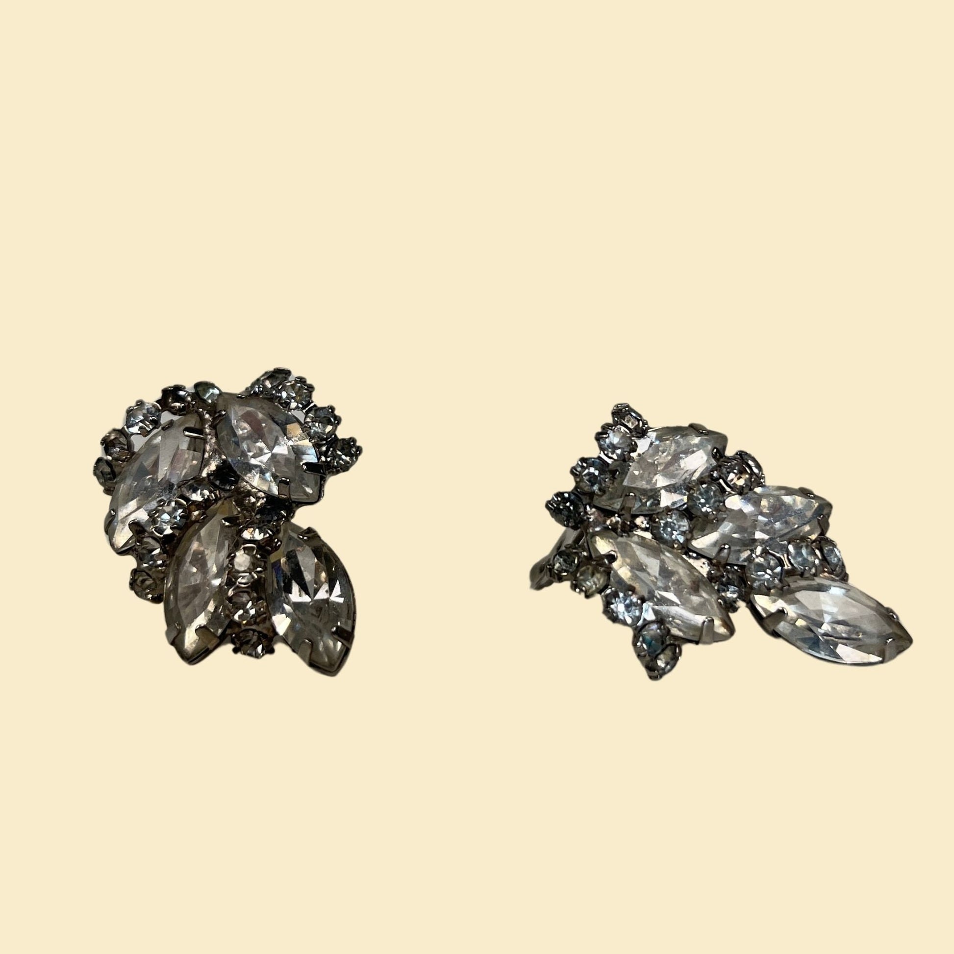 1950s clip on earrings by Alice Caviness, vintage silver-toned rhinestone cluster earrings, 50s costume jewelry