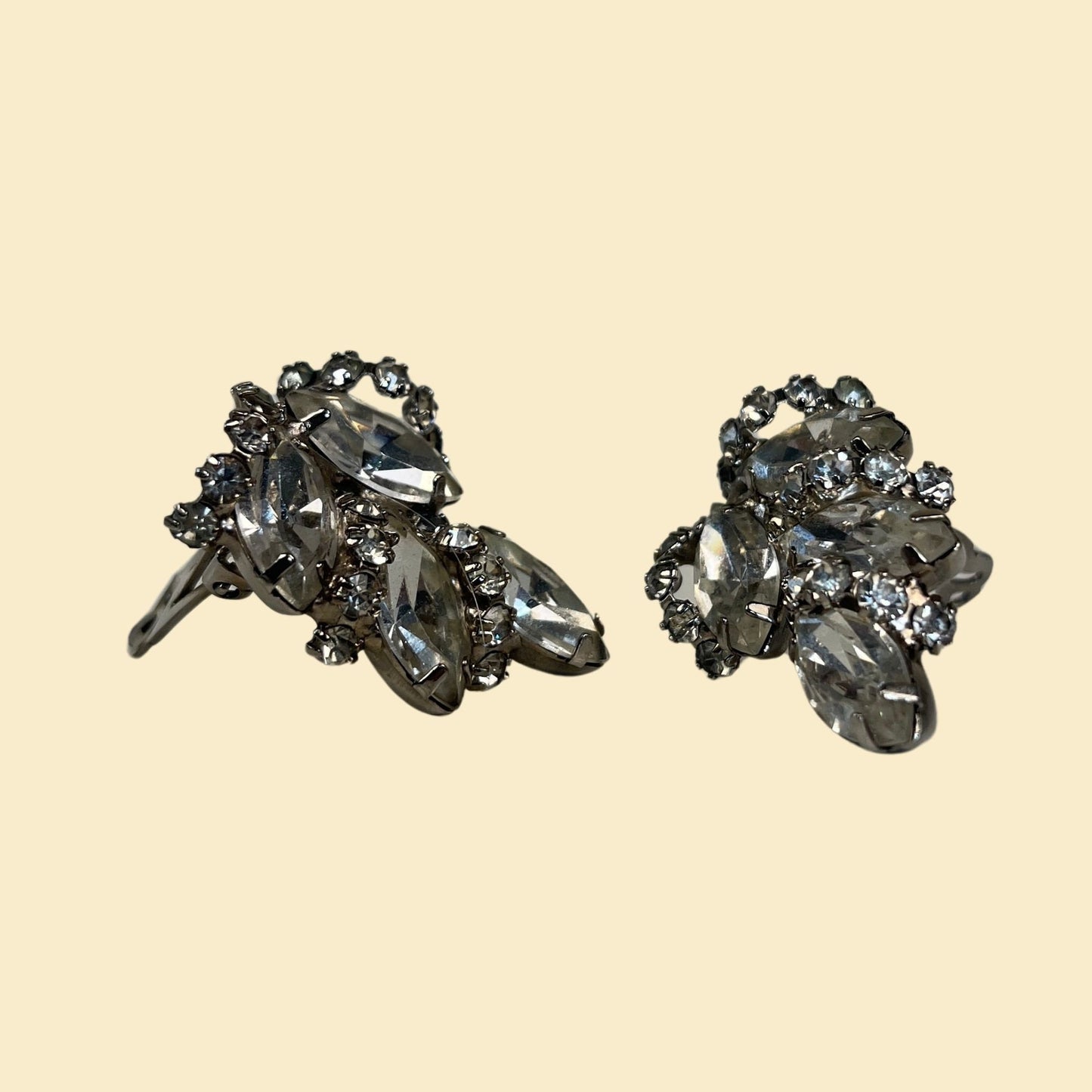 1950s clip on earrings by Alice Caviness, vintage silver-toned rhinestone cluster earrings, 50s costume jewelry