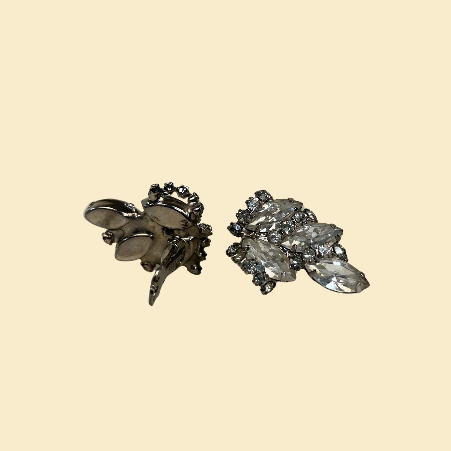 1950s clip on earrings by Alice Caviness, vintage silver-toned rhinestone cluster earrings, 50s costume jewelry