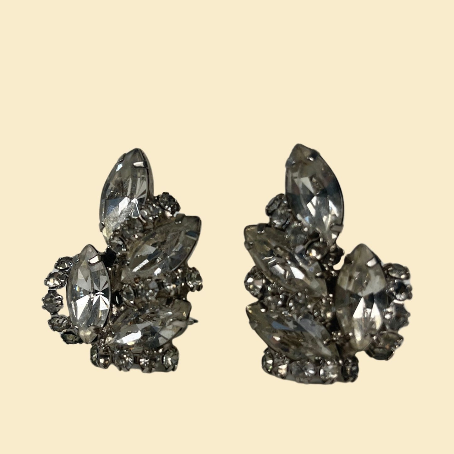 1950s clip on earrings by Alice Caviness, vintage silver-toned rhinestone cluster earrings, 50s costume jewelry