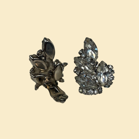 1950s clip on earrings by Alice Caviness, vintage silver-toned rhinestone cluster earrings, 50s costume jewelry