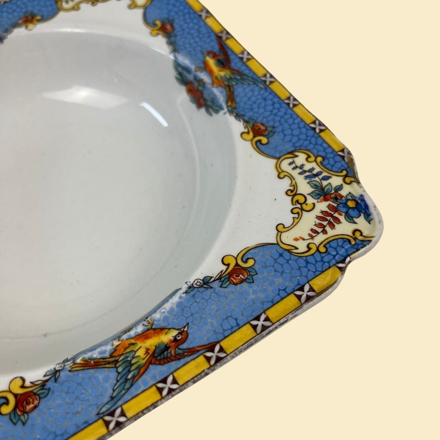 1930s ceramic Burgess Ware plate, blue & yellow bird patterned vintage plate